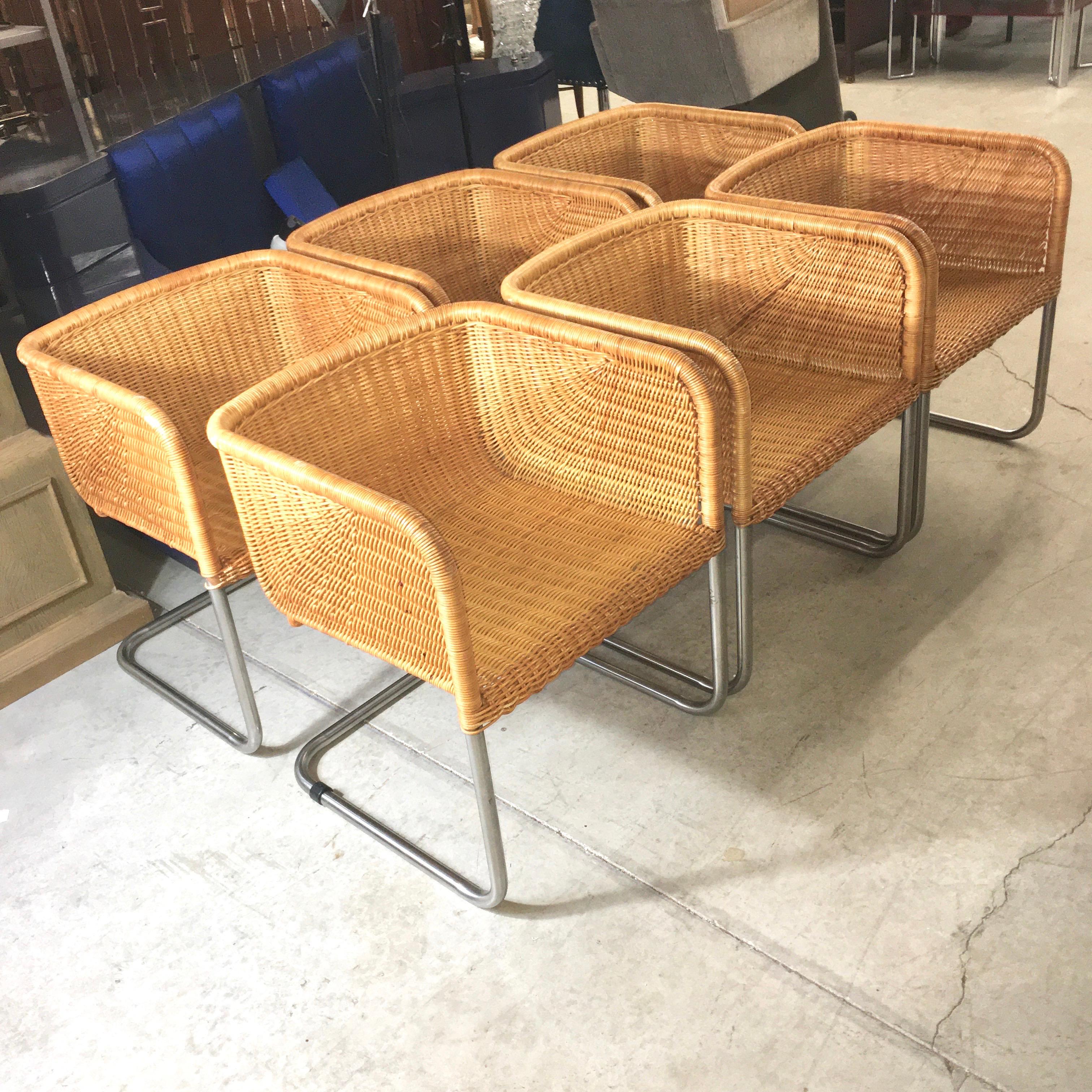 Harvey Probber Wicker and Chrome Cantilevered Chairs 5