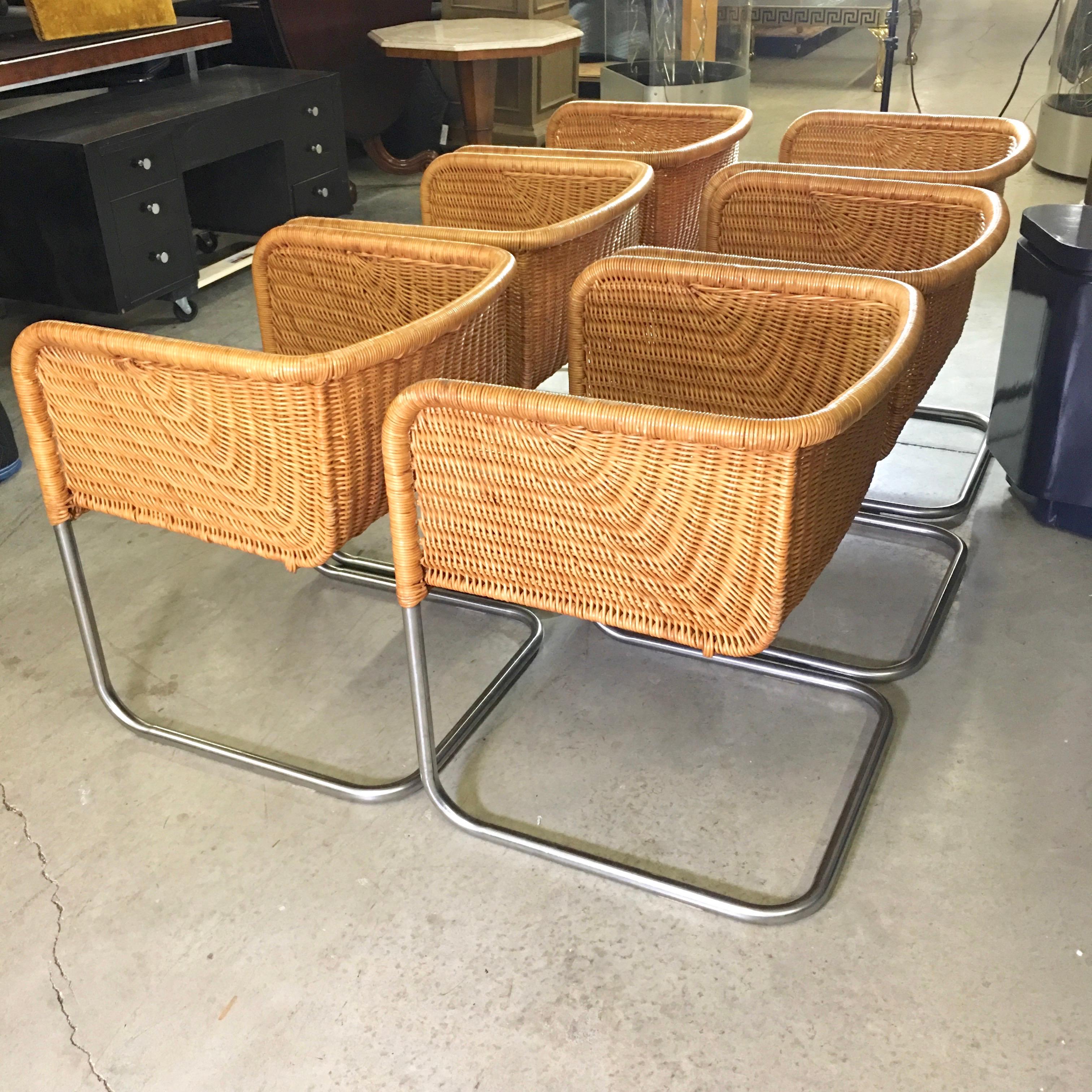 Harvey Probber Wicker and Chrome Cantilevered Chairs 6