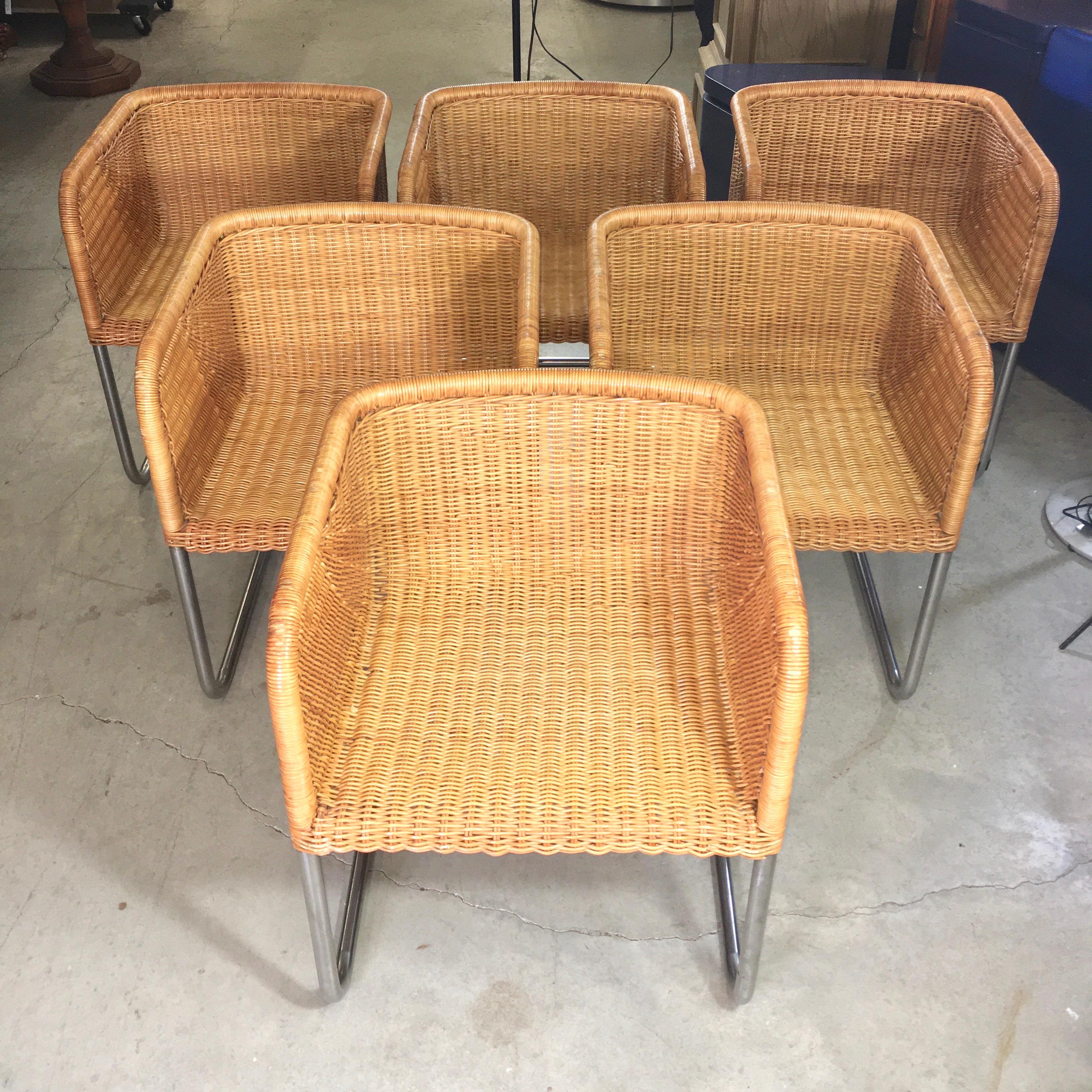 Harvey Probber Wicker and Chrome Cantilevered Chairs 7