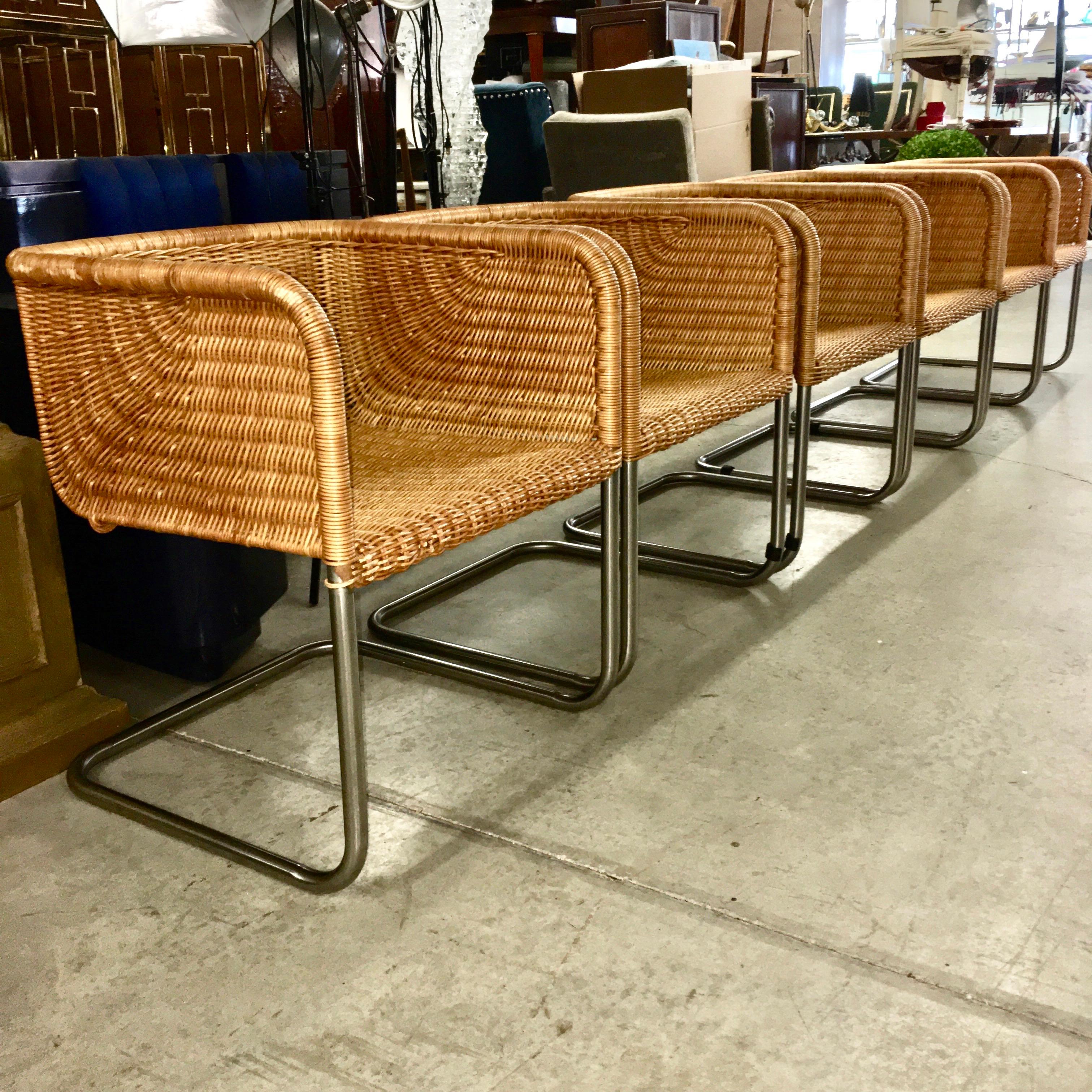 Mid-Century Modern Harvey Probber Wicker and Chrome Cantilevered Chairs