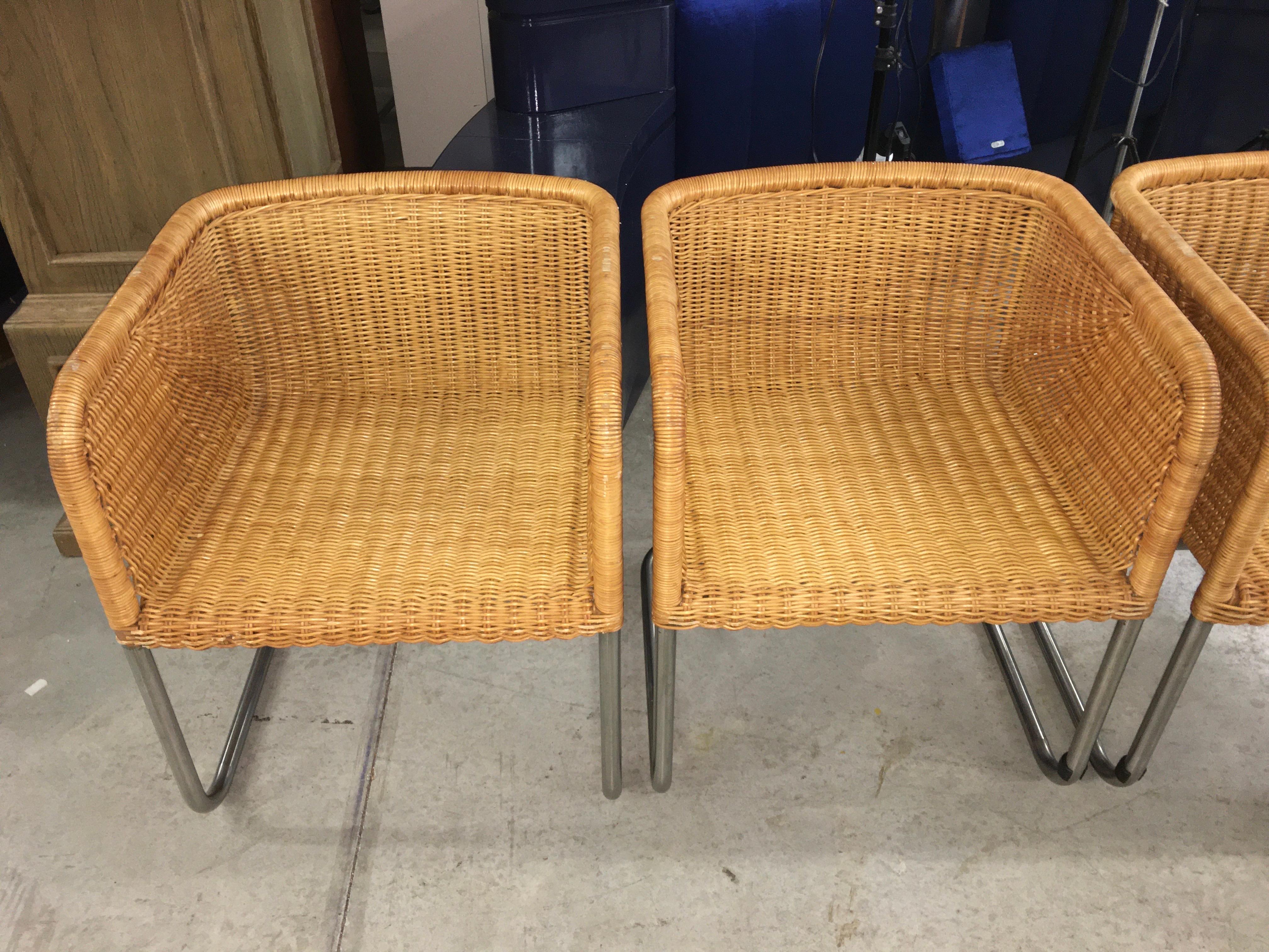 German Harvey Probber Wicker and Chrome Cantilevered Chairs