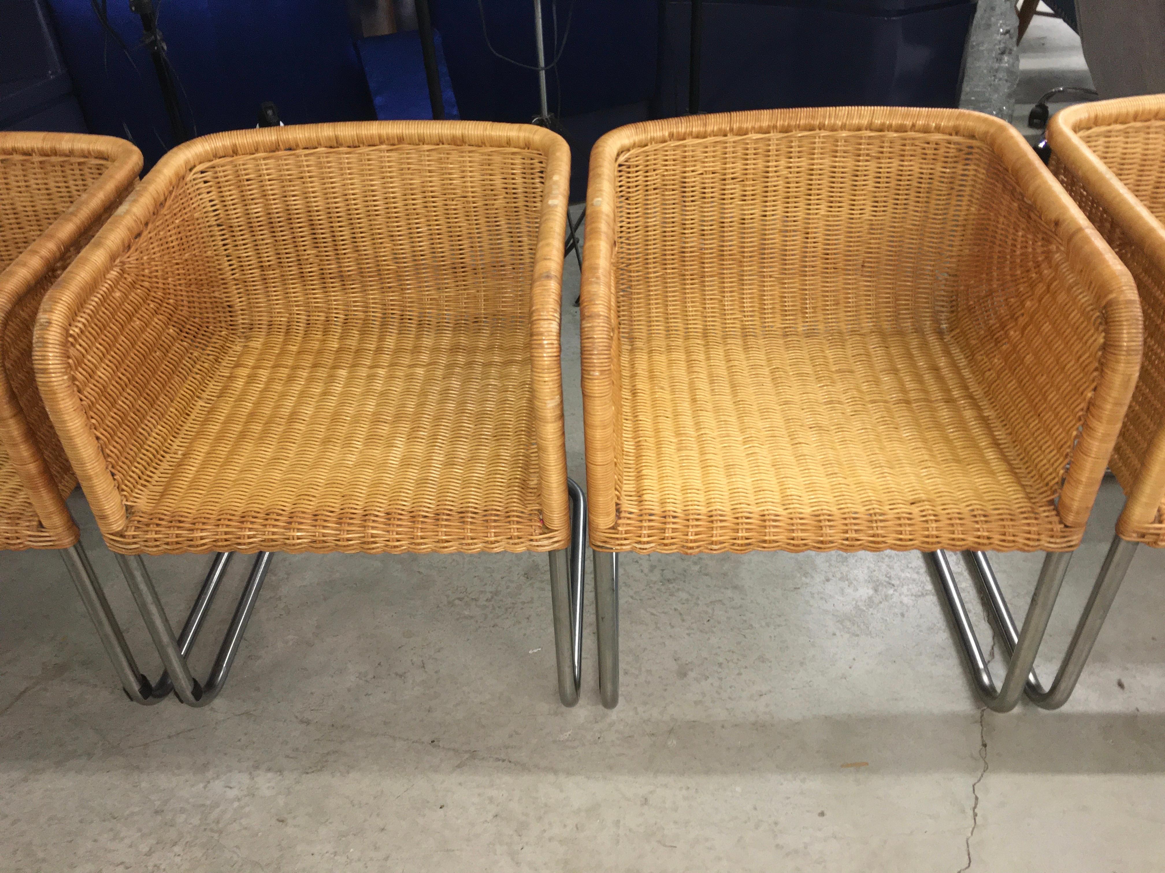 Harvey Probber Wicker and Chrome Cantilevered Chairs In Good Condition In Hanover, MA