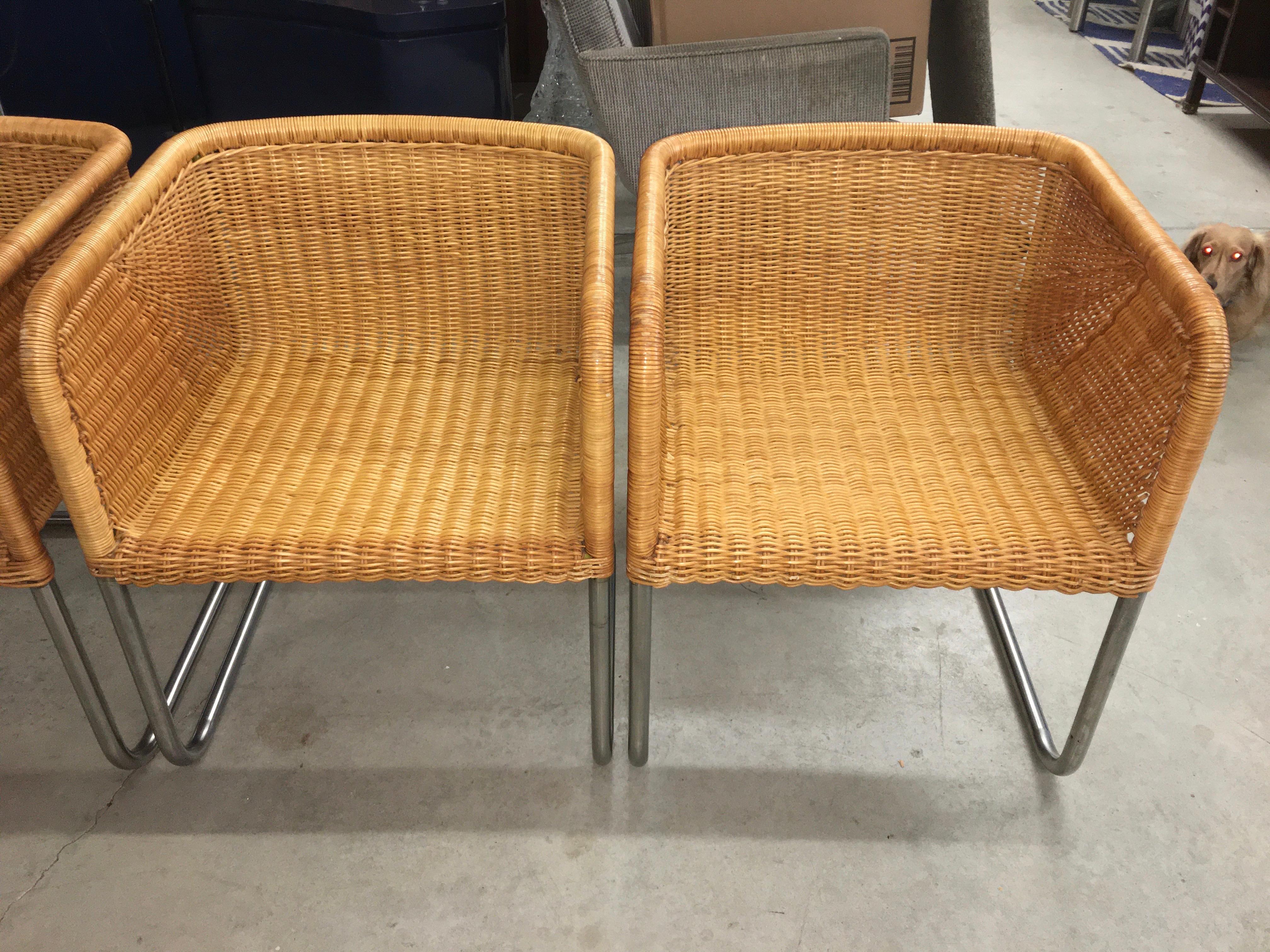 Late 20th Century Harvey Probber Wicker and Chrome Cantilevered Chairs