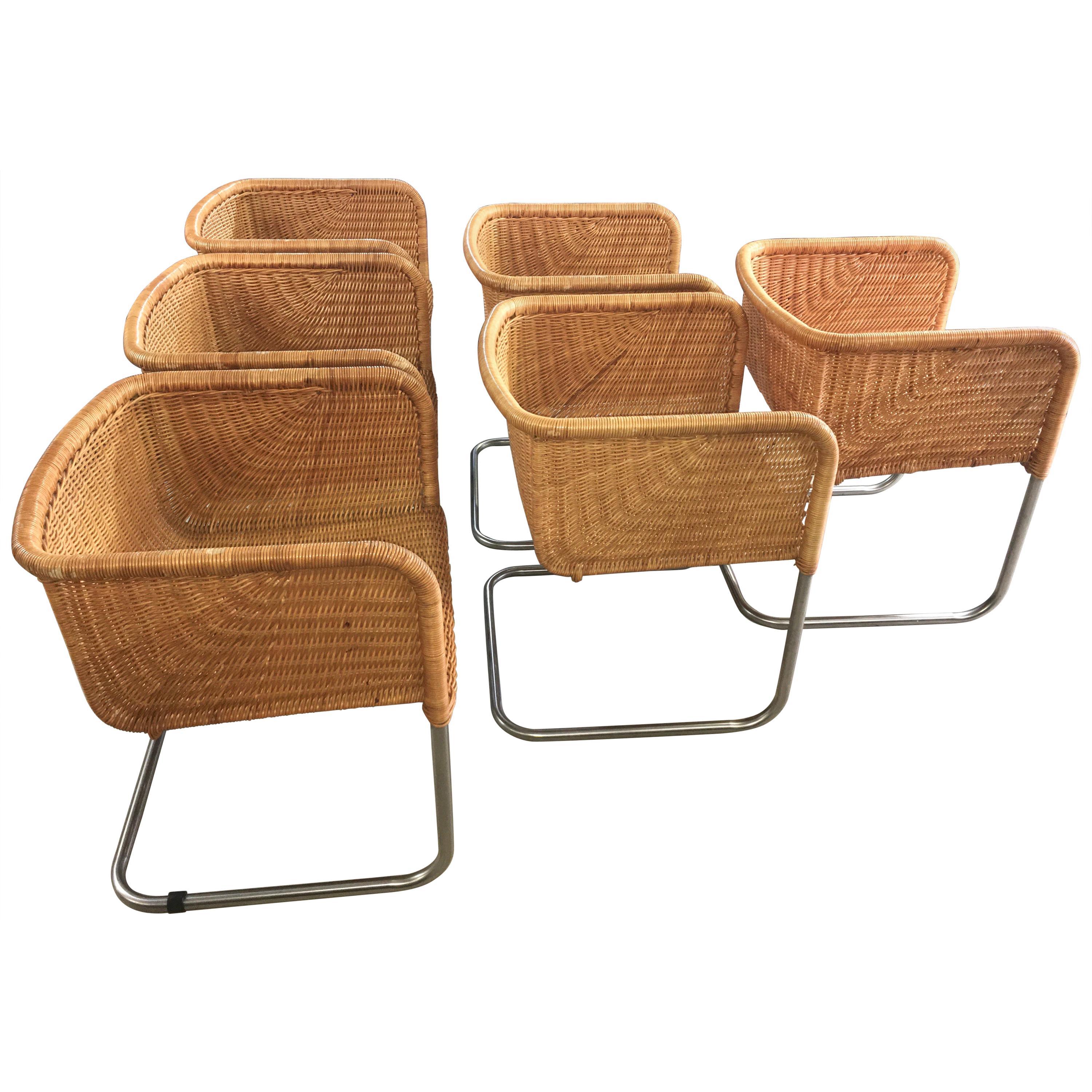 Harvey Probber Wicker and Chrome Cantilevered Chairs