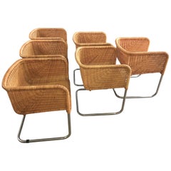 Retro Harvey Probber Wicker and Chrome Cantilevered Chairs
