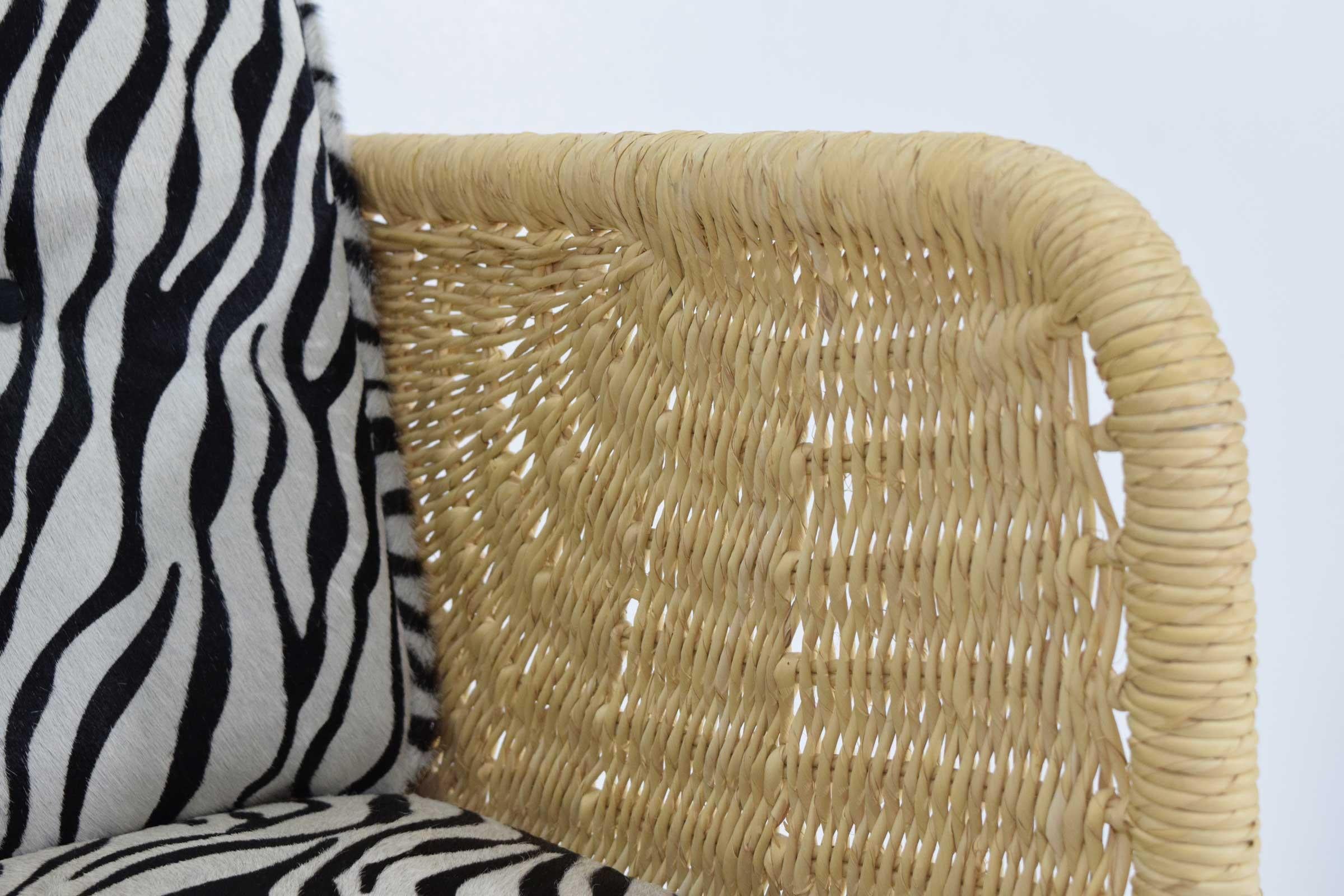 American Harvey Probber Wicker Dining Chairs with Zebra Hide Cushions