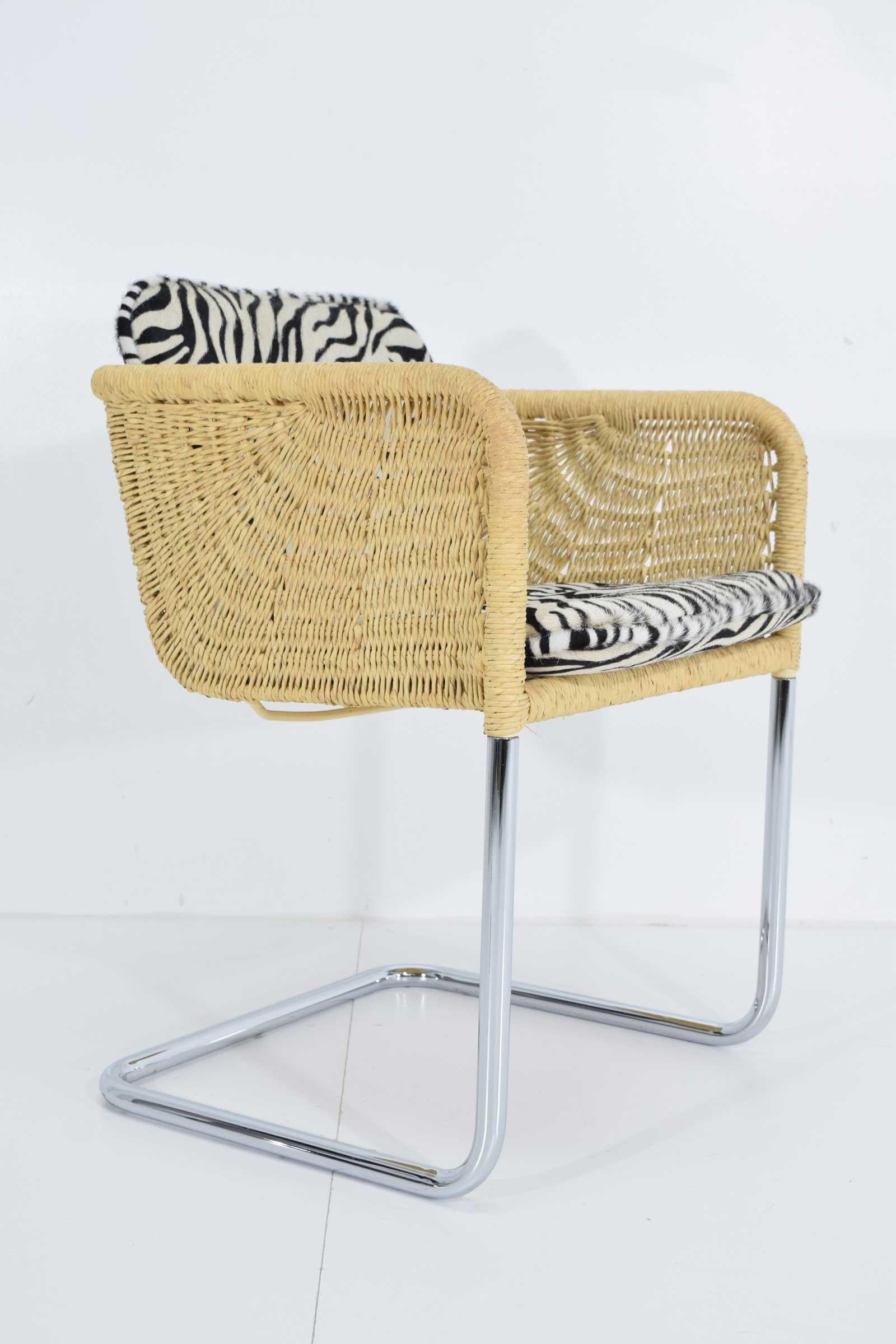 Harvey Probber Wicker Dining Chairs with Zebra Hide Cushions In Good Condition In Dallas, TX