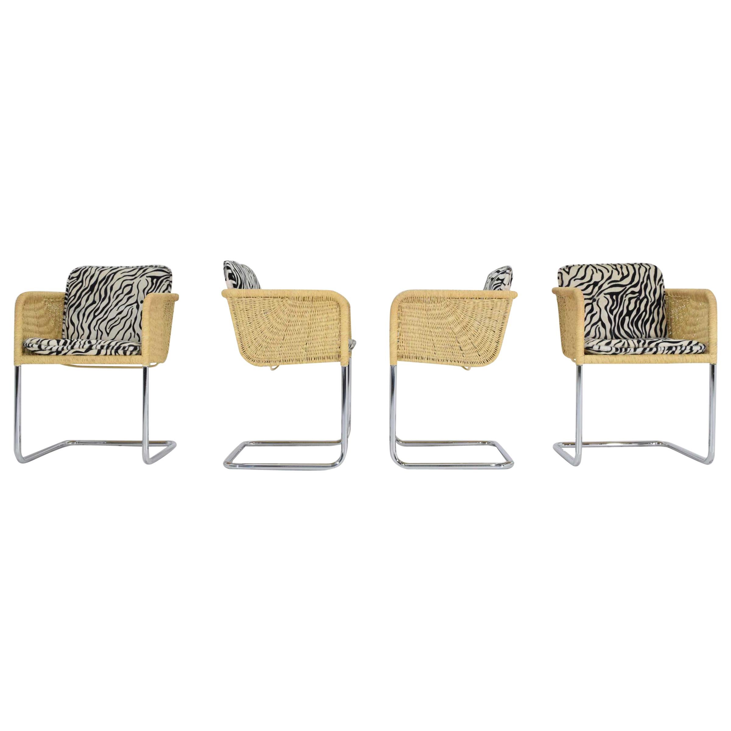 Harvey Probber Wicker Dining Chairs with Zebra Hide Cushions
