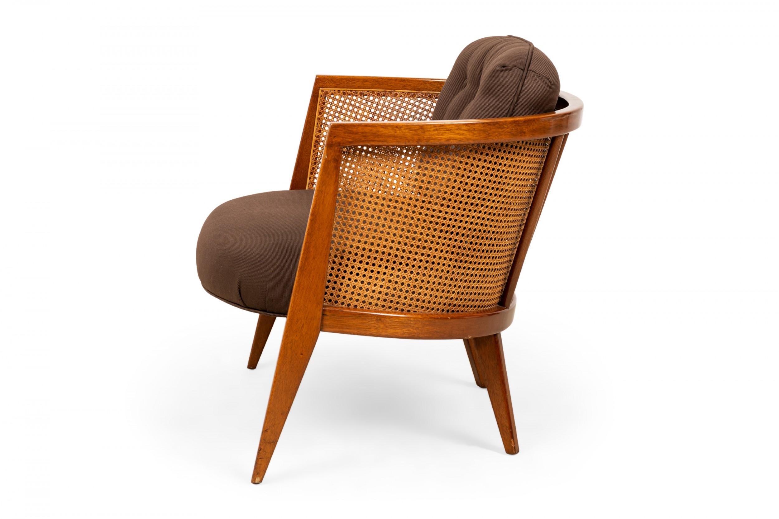 Mid-Century Modern Harvey Probber Wood, Caning, and Brown Fabric Upholstered Hoop Lounge Chair