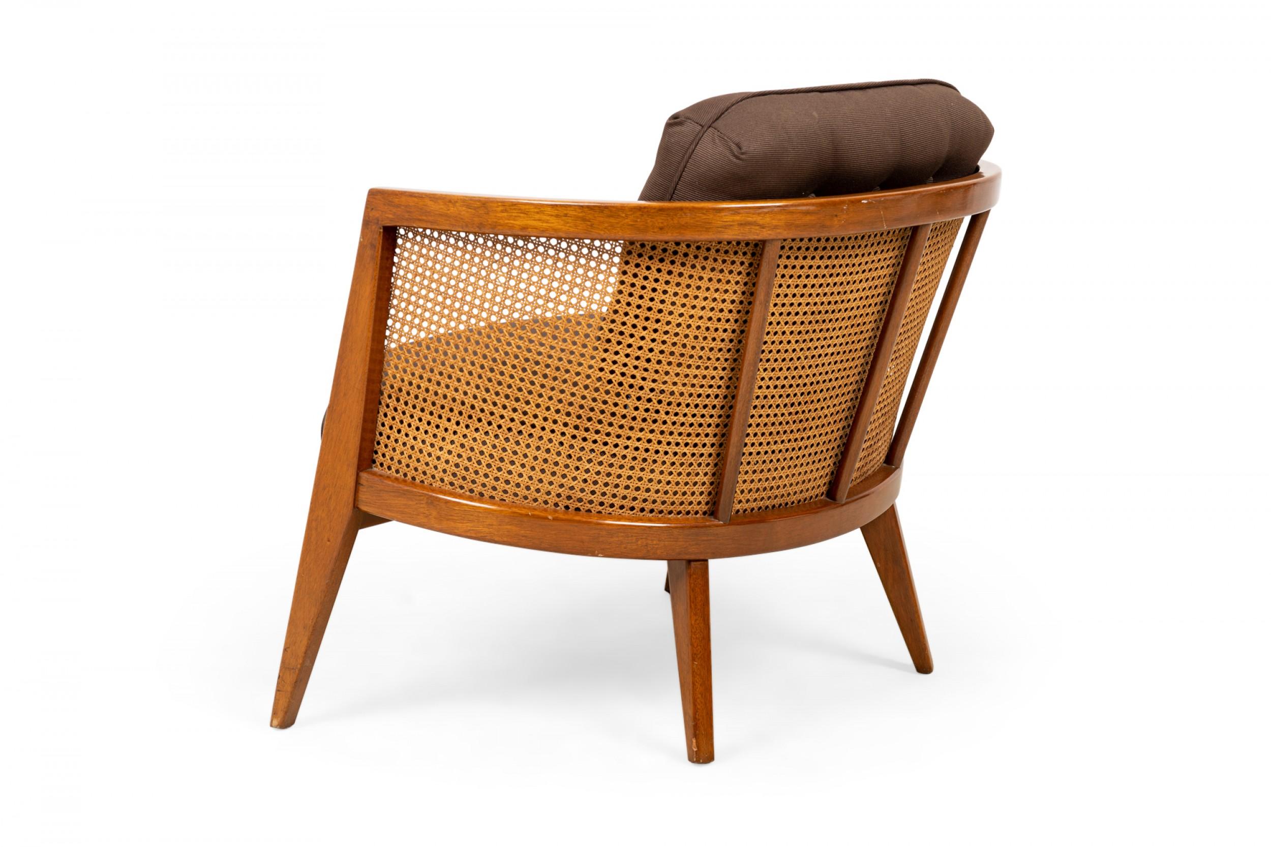 American Harvey Probber Wood, Caning, and Brown Fabric Upholstered Hoop Lounge Chair