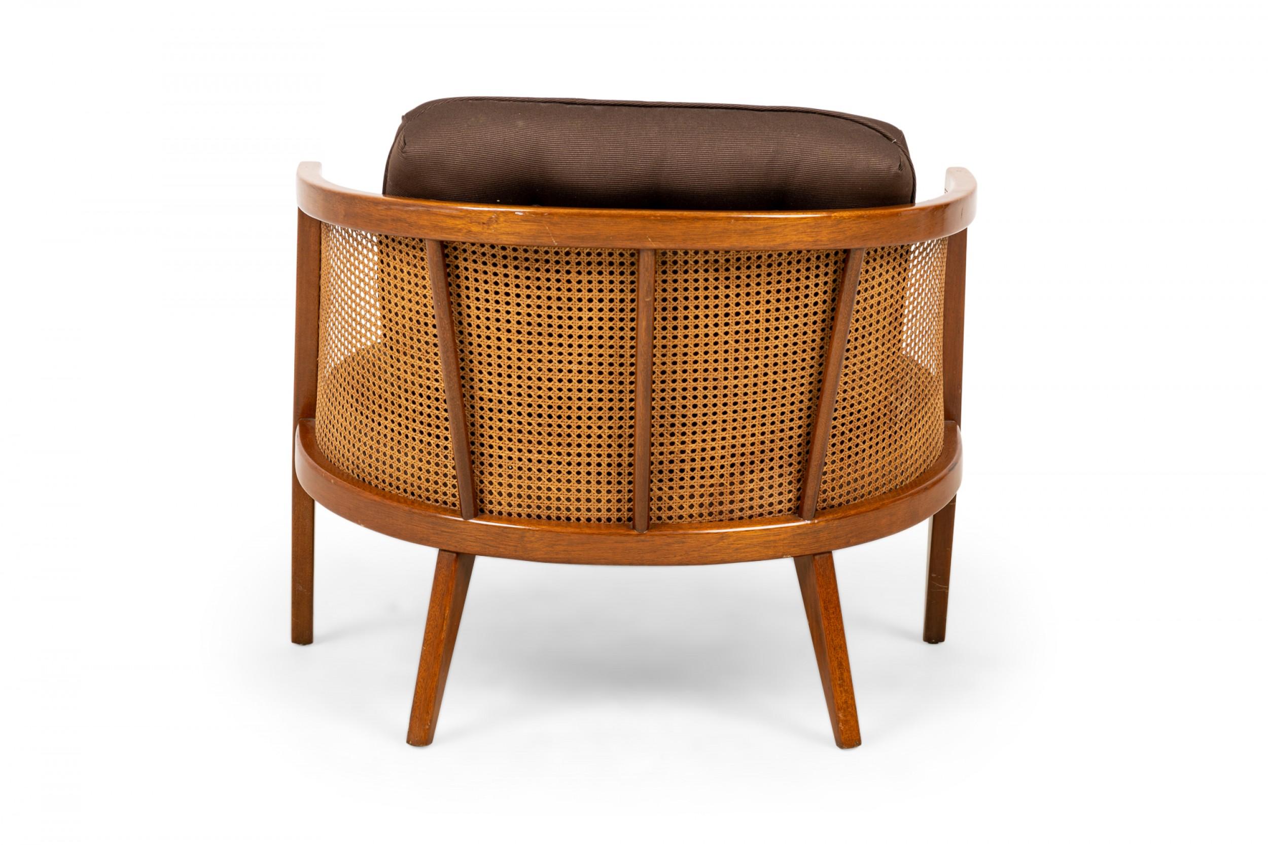 Harvey Probber Wood, Caning, and Brown Fabric Upholstered Hoop Lounge Chair In Good Condition In New York, NY