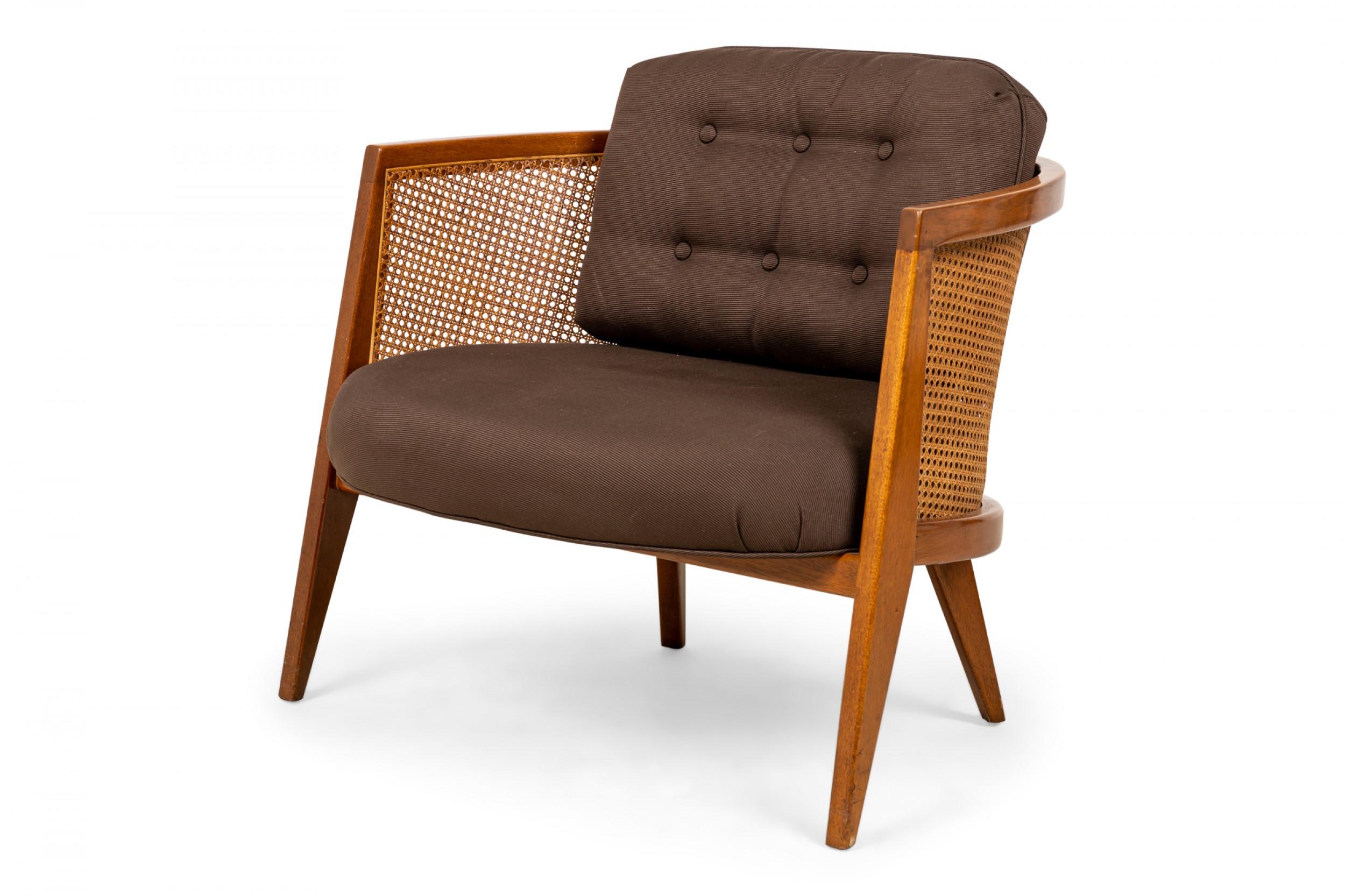 Harvey Probber Wood, Caning, and Brown Fabric Upholstered Hoop Lounge Chair