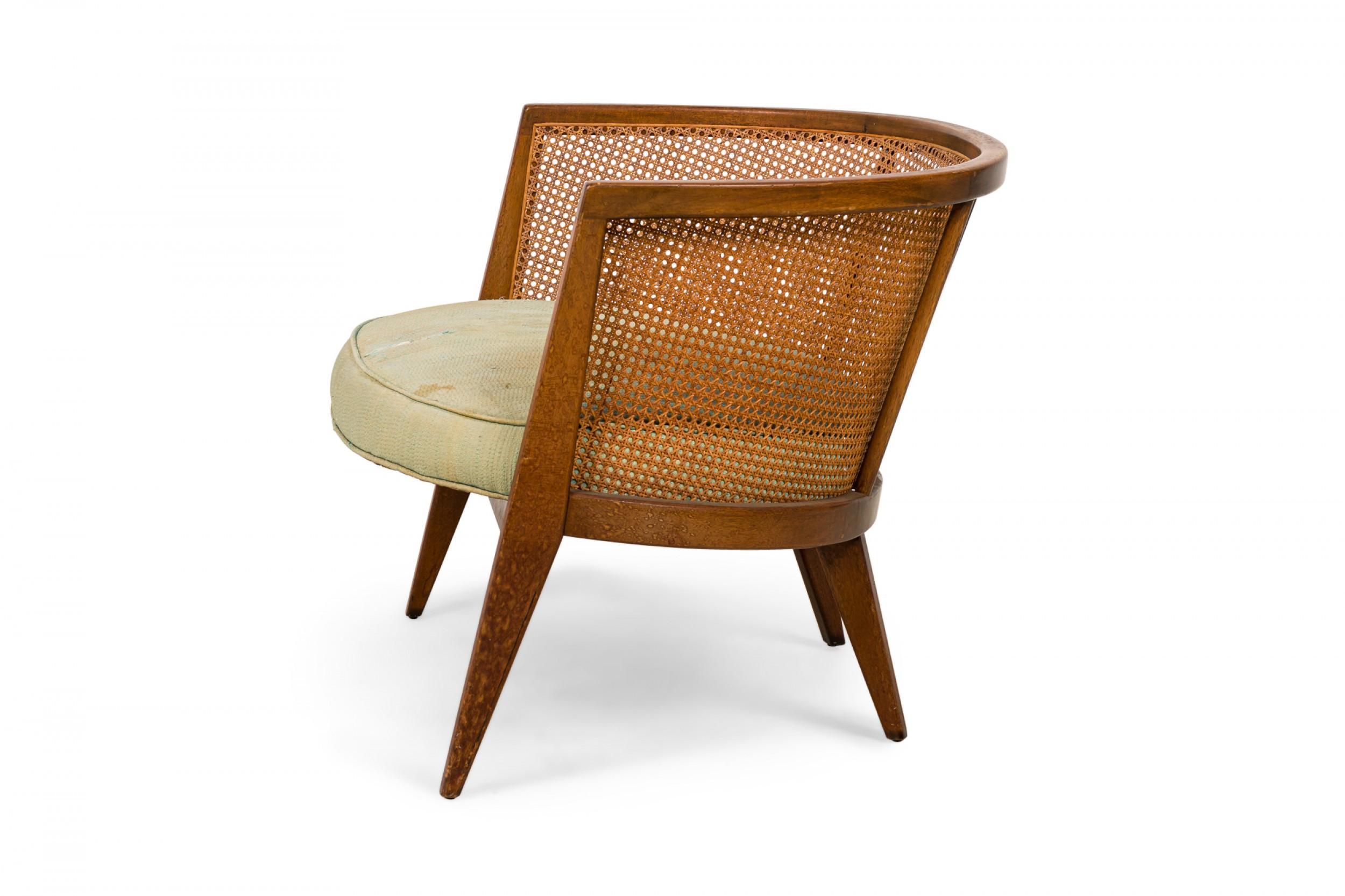 Mid-Century Modern Harvey Probber Wood, Caning, and Green Fabric Upholstered Hoop Lounge Chair