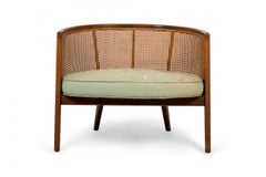 Harvey Probber Wood, Caning, and Green Fabric Upholstered Hoop Lounge Chair