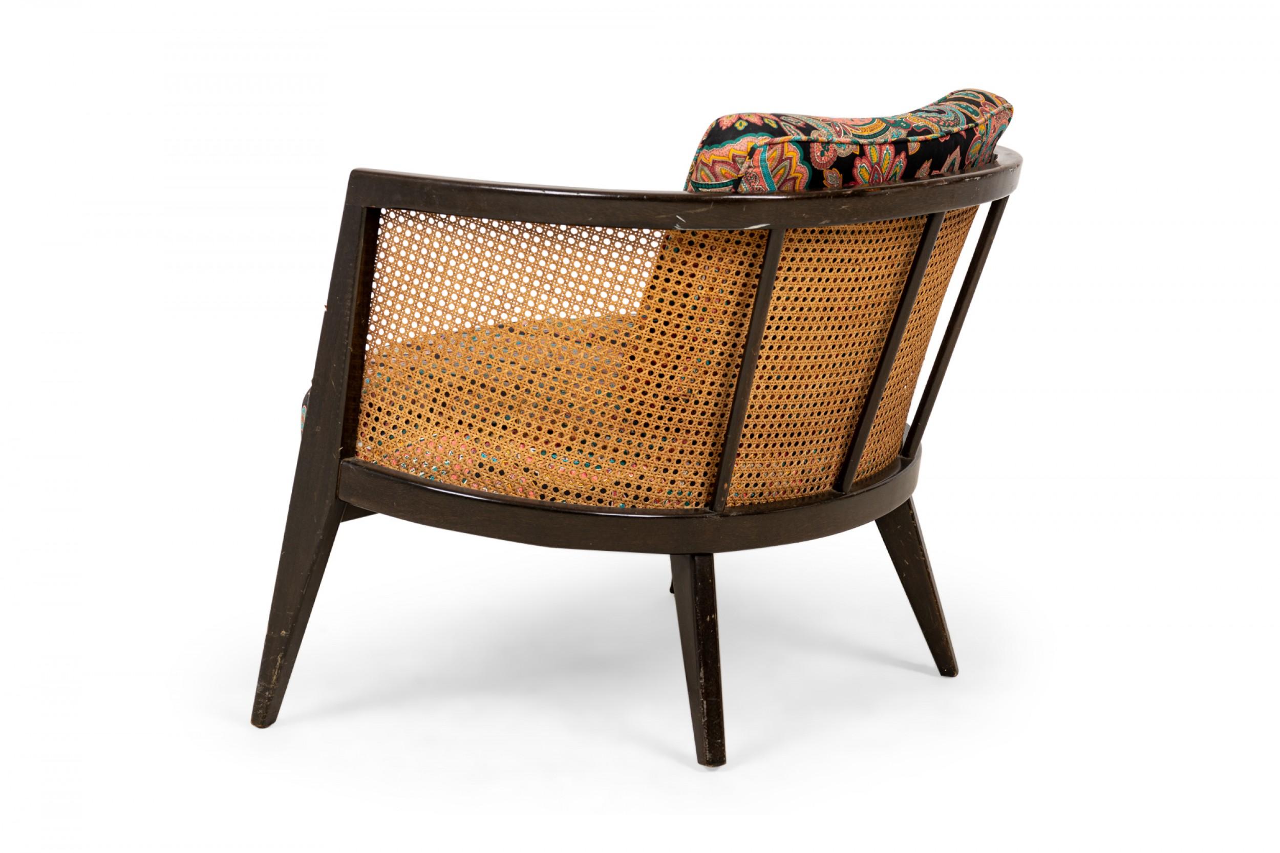 Mid-Century Modern Harvey Probber Wood, Caning, and Paisley Fabric Upholstered Hoop Lounge Chair For Sale