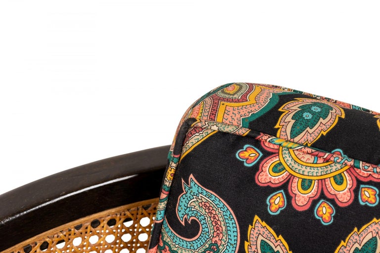 Harvey Probber Wood, Caning, and Paisley Fabric Upholstered Hoop Lounge Chair For Sale at 1stDibs