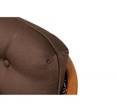 Harvey Probber Wood, Caning, & Brown Fabric Upholstered Hoop Lounge Chair