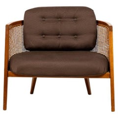 Harvey Probber Wood, Caning, & Brown Fabric Upholstered Hoop Lounge Chair