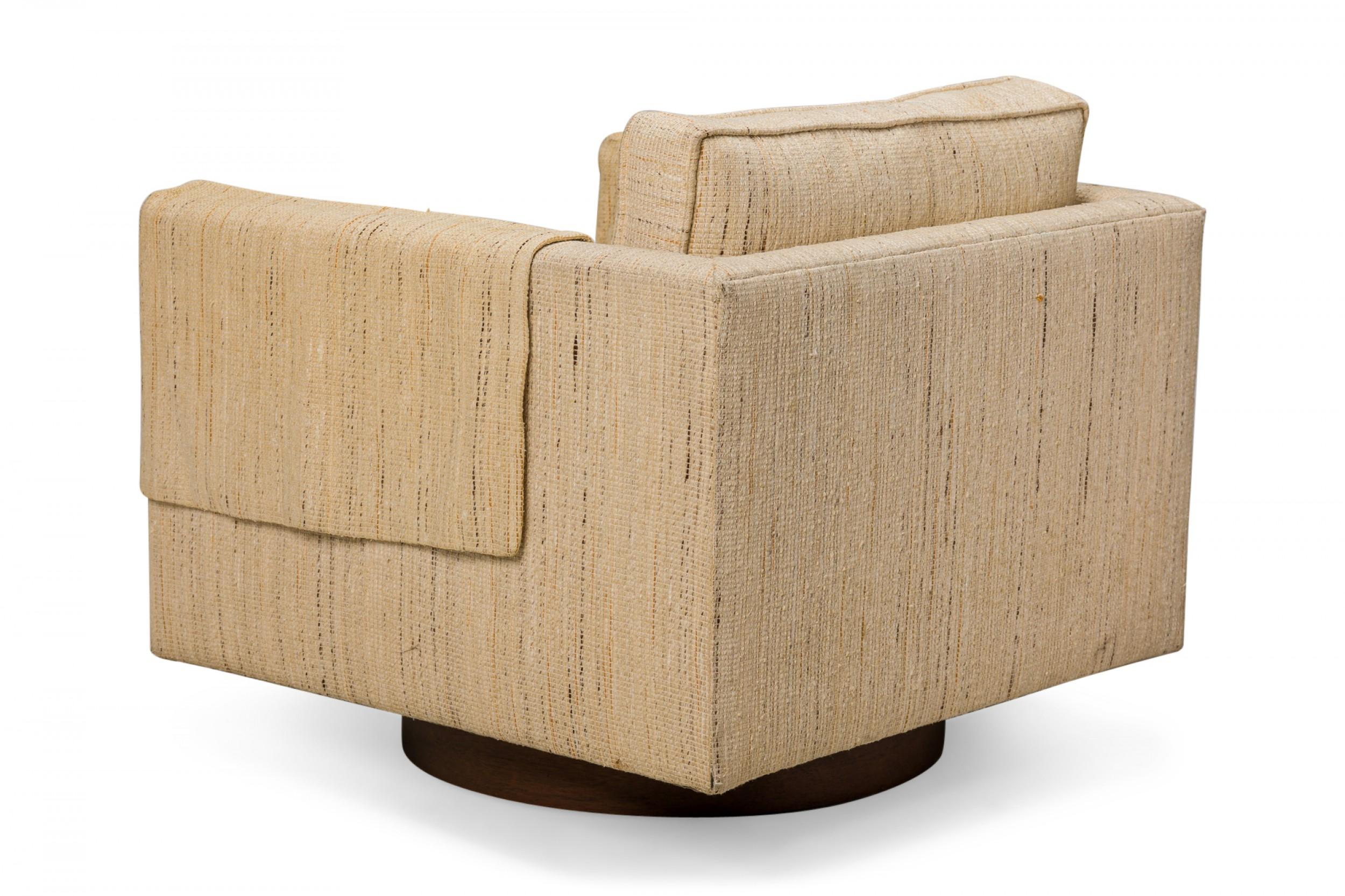 American Harvey Probber Woven Beige Fabric Upholstered Cube Swivel Lounge / Armchair For Sale