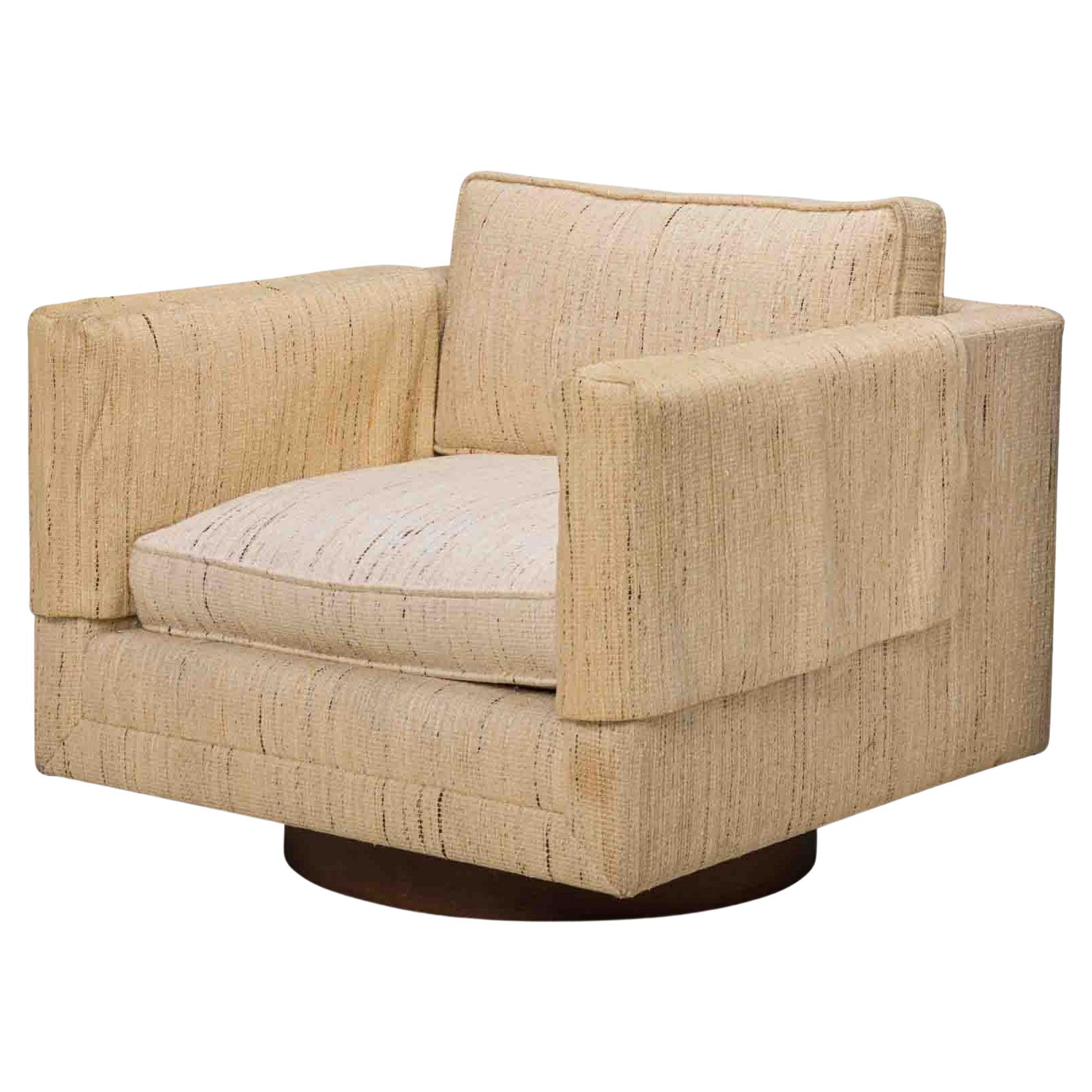 Harvey Probber Woven Beige Fabric Upholstered Cube Swivel Lounge / Armchair