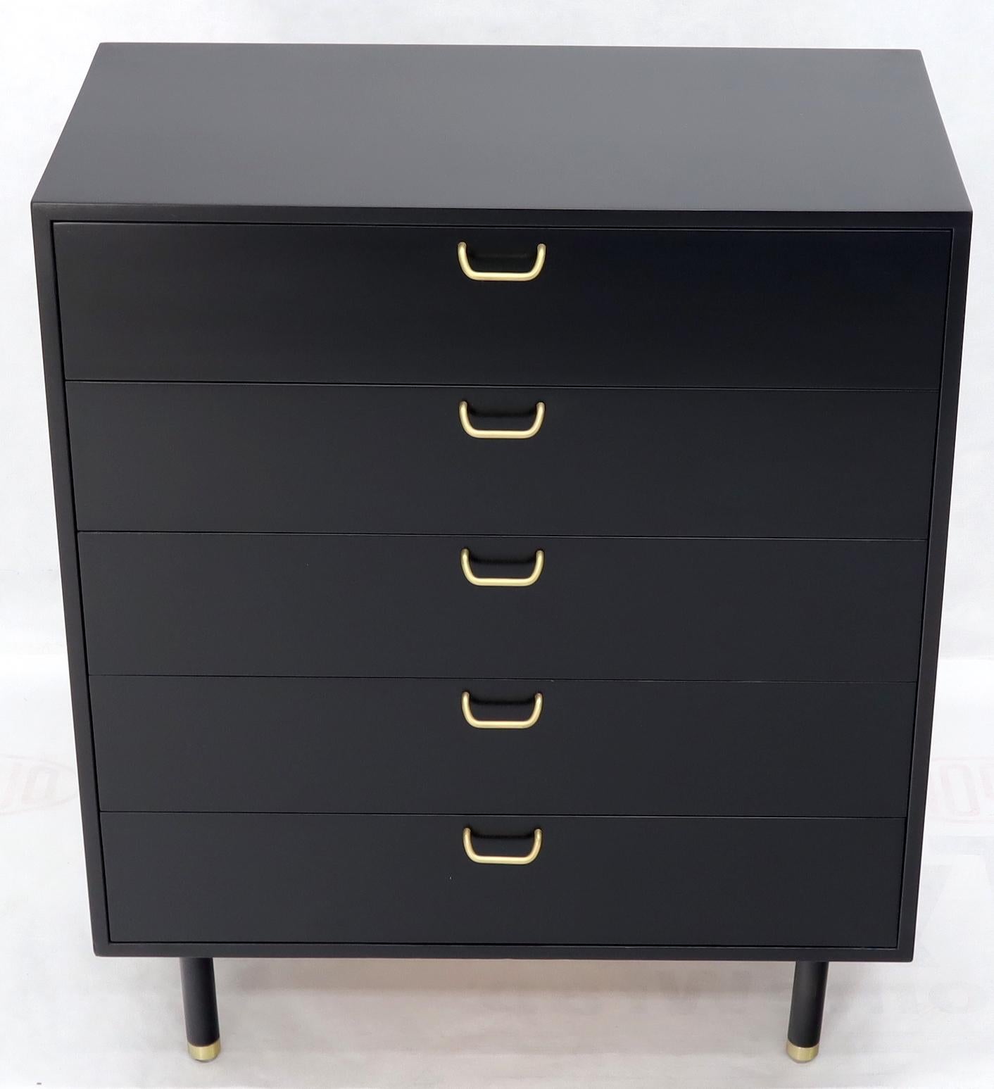 Mid-Century Modern Harvey Prober Black Lacquer Brass Pulls 5-Drawer High Chest Dresser Cabinet