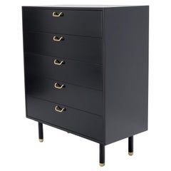 Harvey Prober Black Lacquer Brass Pulls 5-Drawer High Chest Dresser Cabinet
