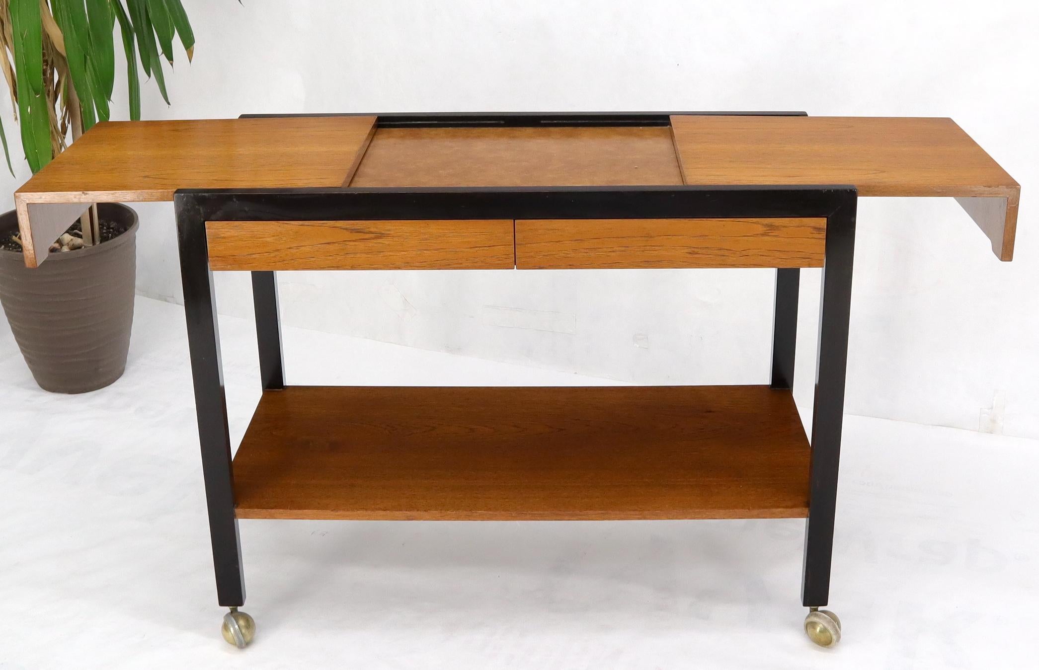 Mid-Century Modern Harvey Prober two tier two drawers serving cart on wheels. Opens up to 59