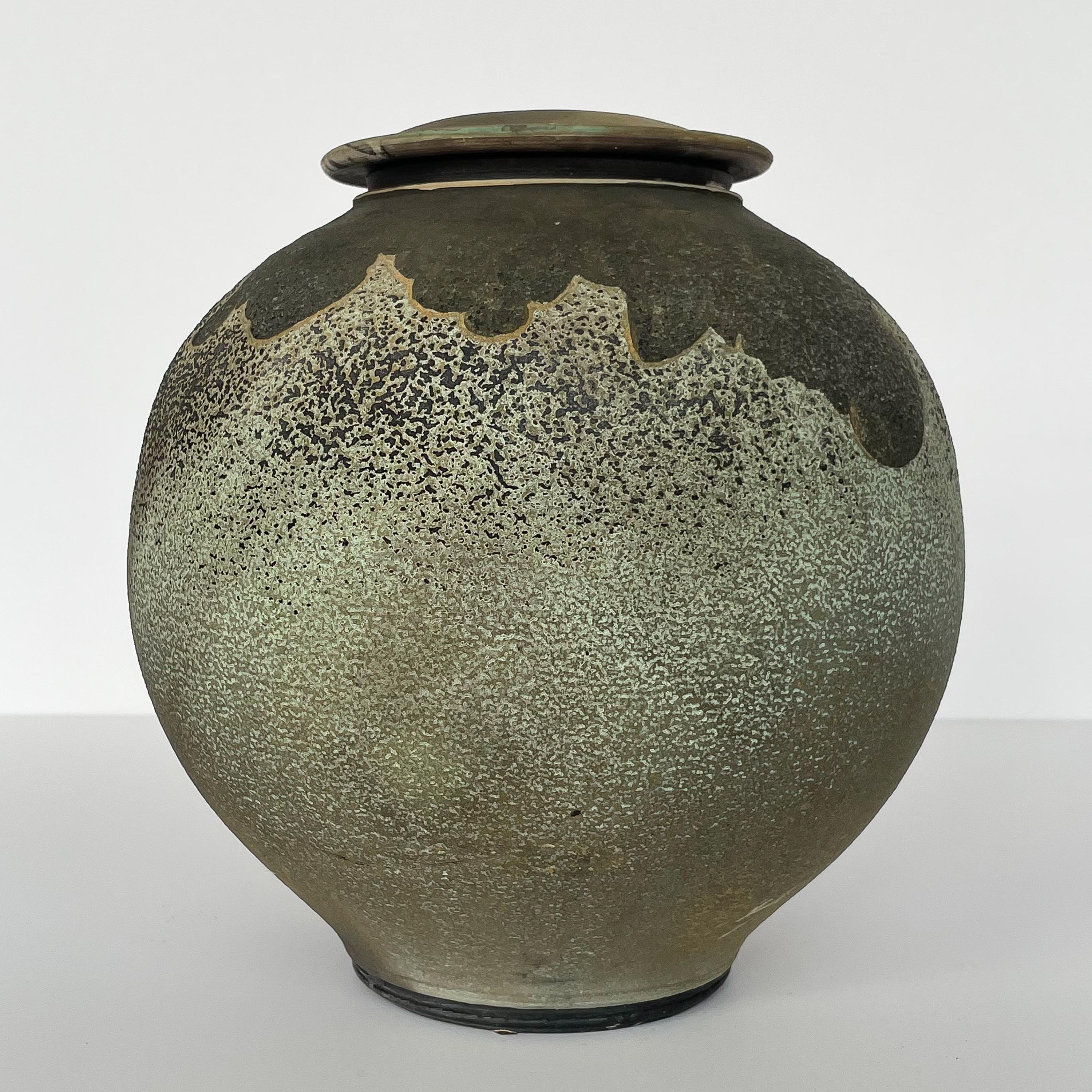 Late 20th Century Harvey Sadow Raku Lidded Stoneware Vessel
