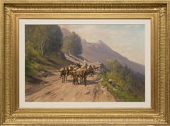 19th Century Mountain Landscape Casein Painting, Mules Along Trail, Green, Blue
