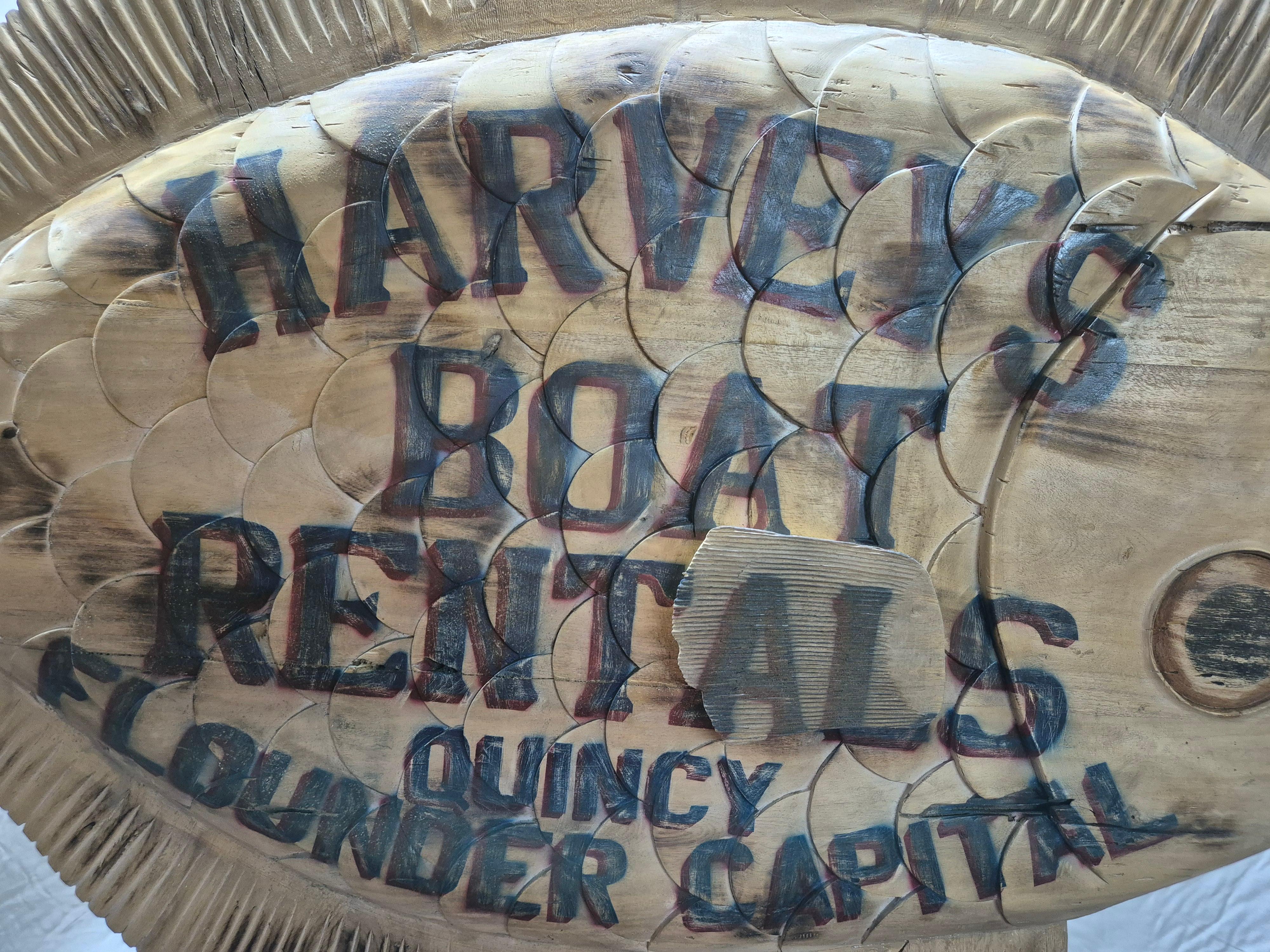 North American Harvey's Boat Rental Carved Flounder Trade Sign For Sale
