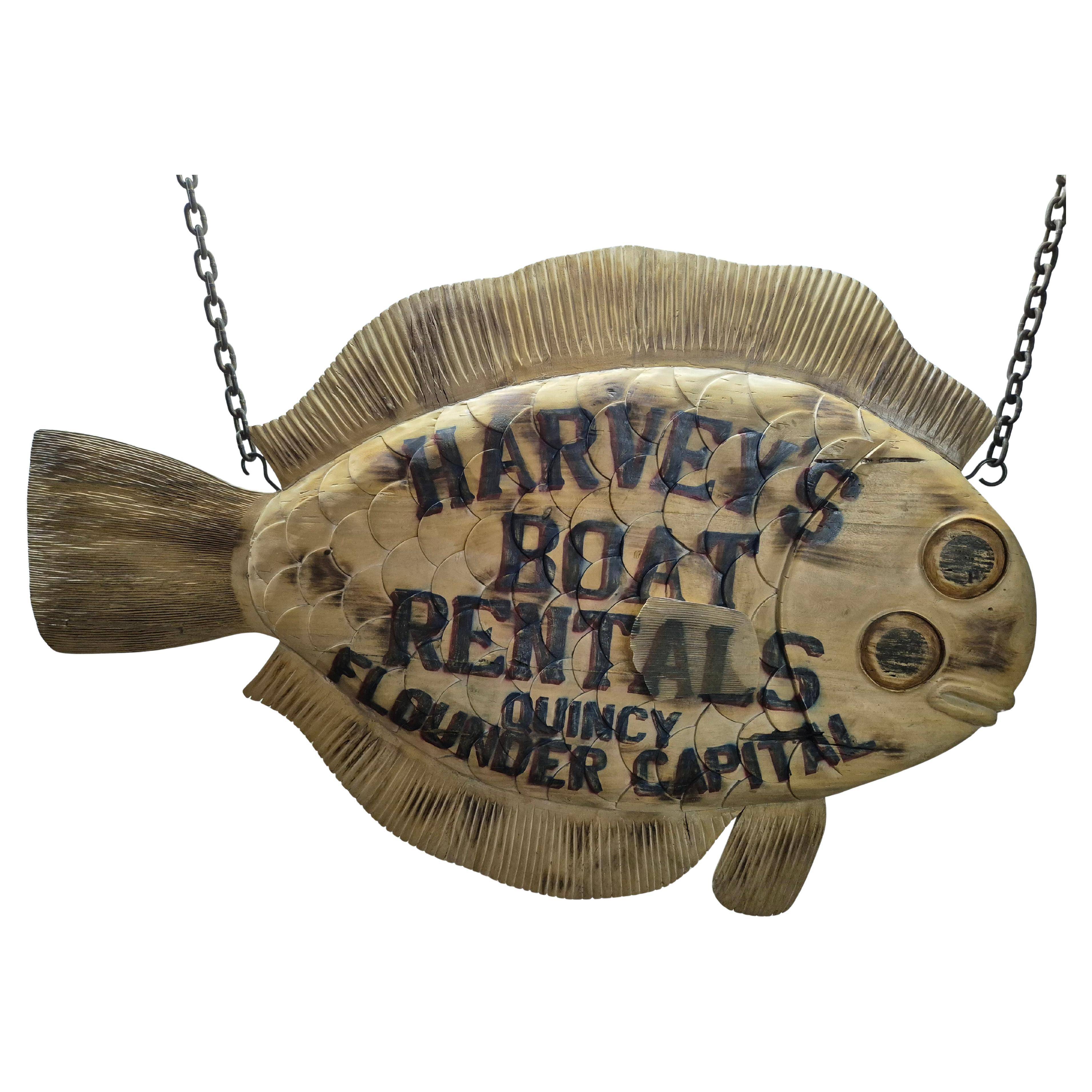 Harvey's Boat Rental Carved Flounder Trade Sign For Sale