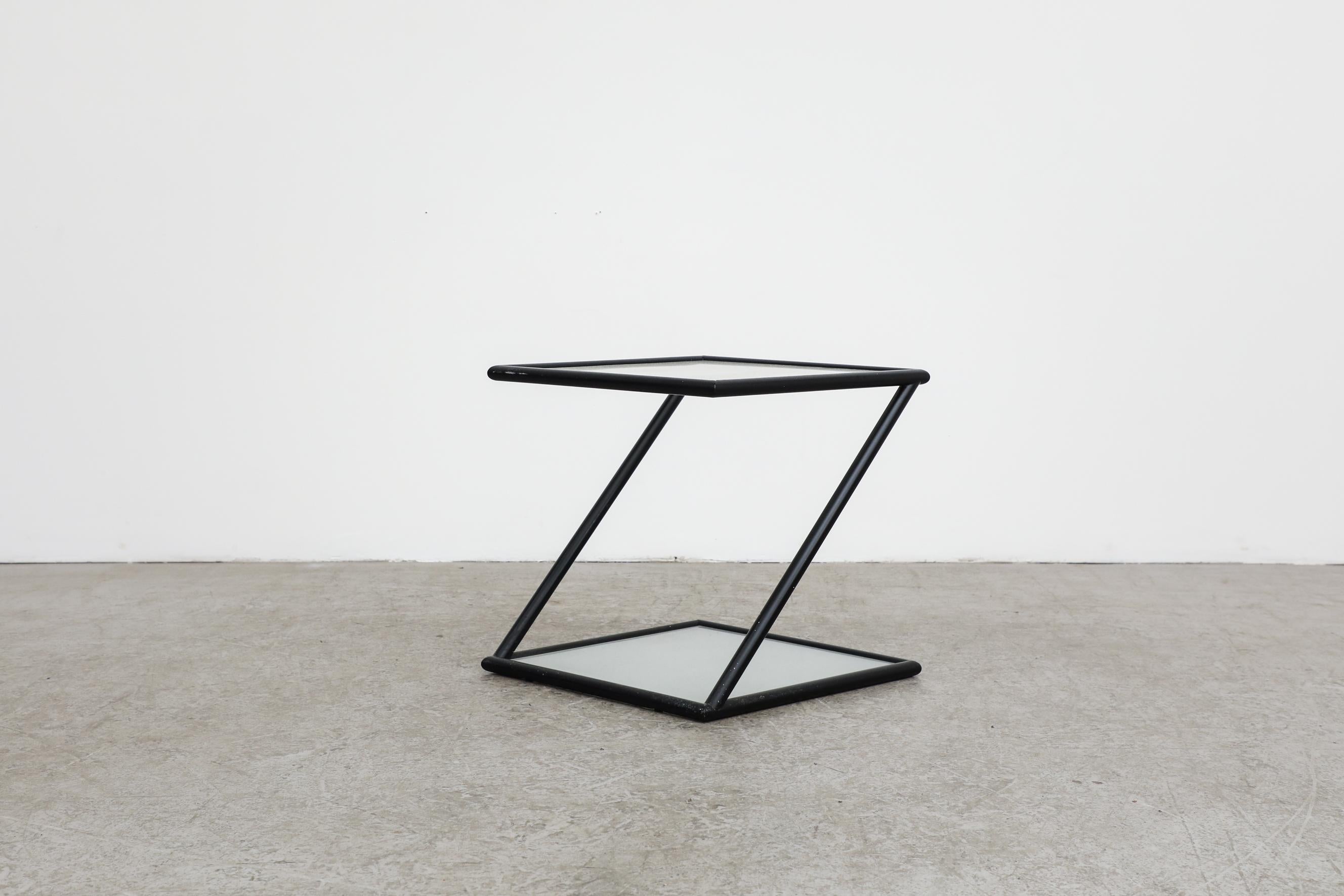 Mid-Century Modern Harvink Zig Zag Side Table with Black Frame and Frosted Glass Shelves For Sale