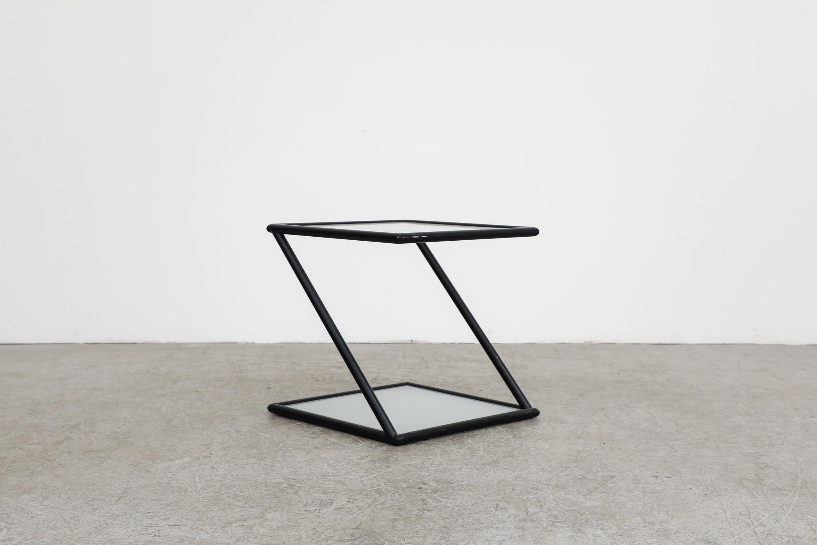 Harvink Zig Zag Side Table with Black Frame and Frosted Glass Shelves In Good Condition For Sale In Los Angeles, CA