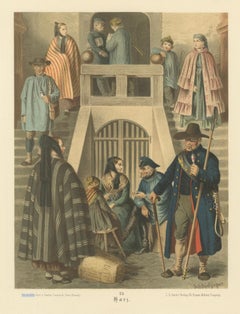 Harz Folk Costumes Chromolithograph Print, Village Scene, c.1875