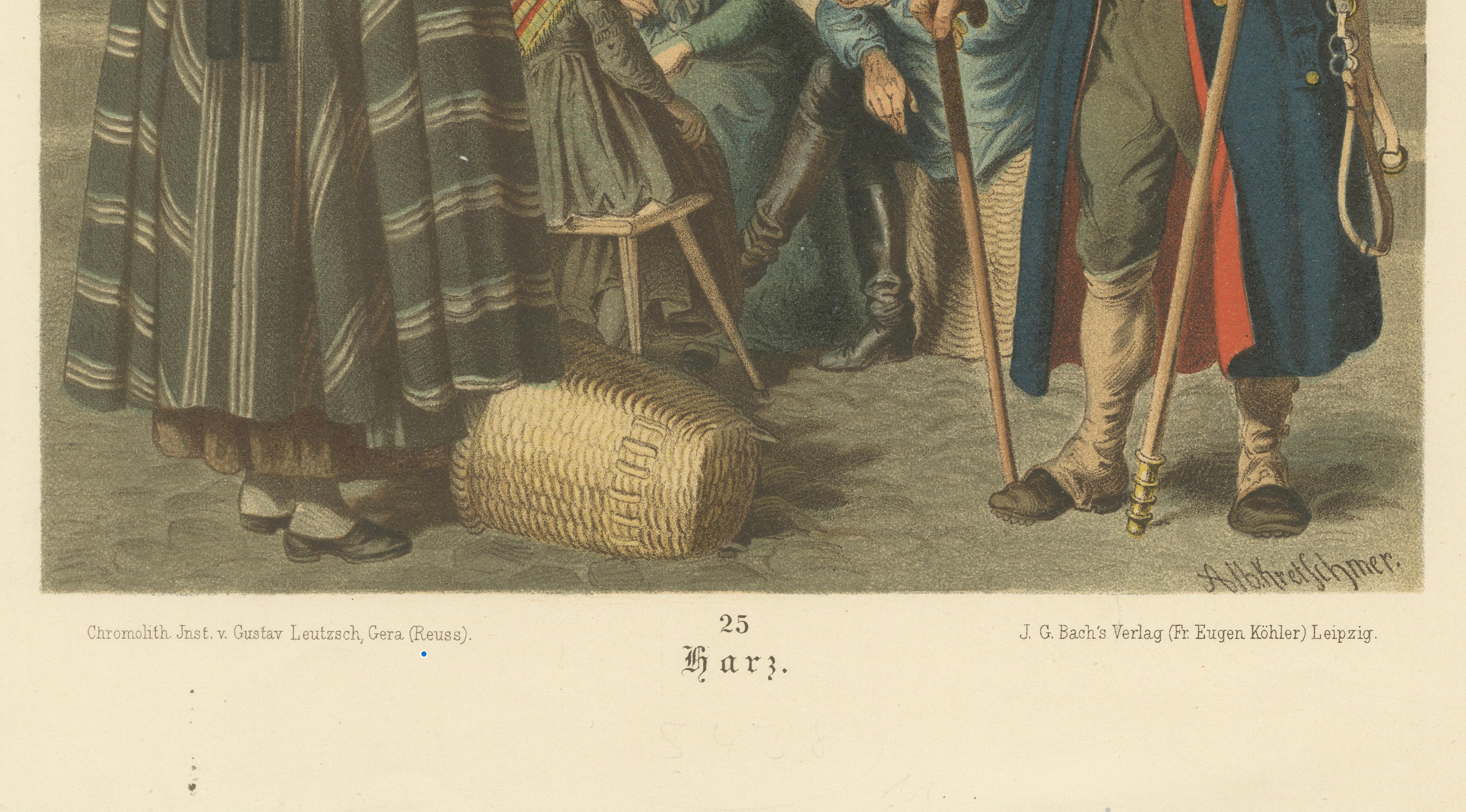 Harz Folk Costumes Chromolithograph Print, Village Scene, c.1875