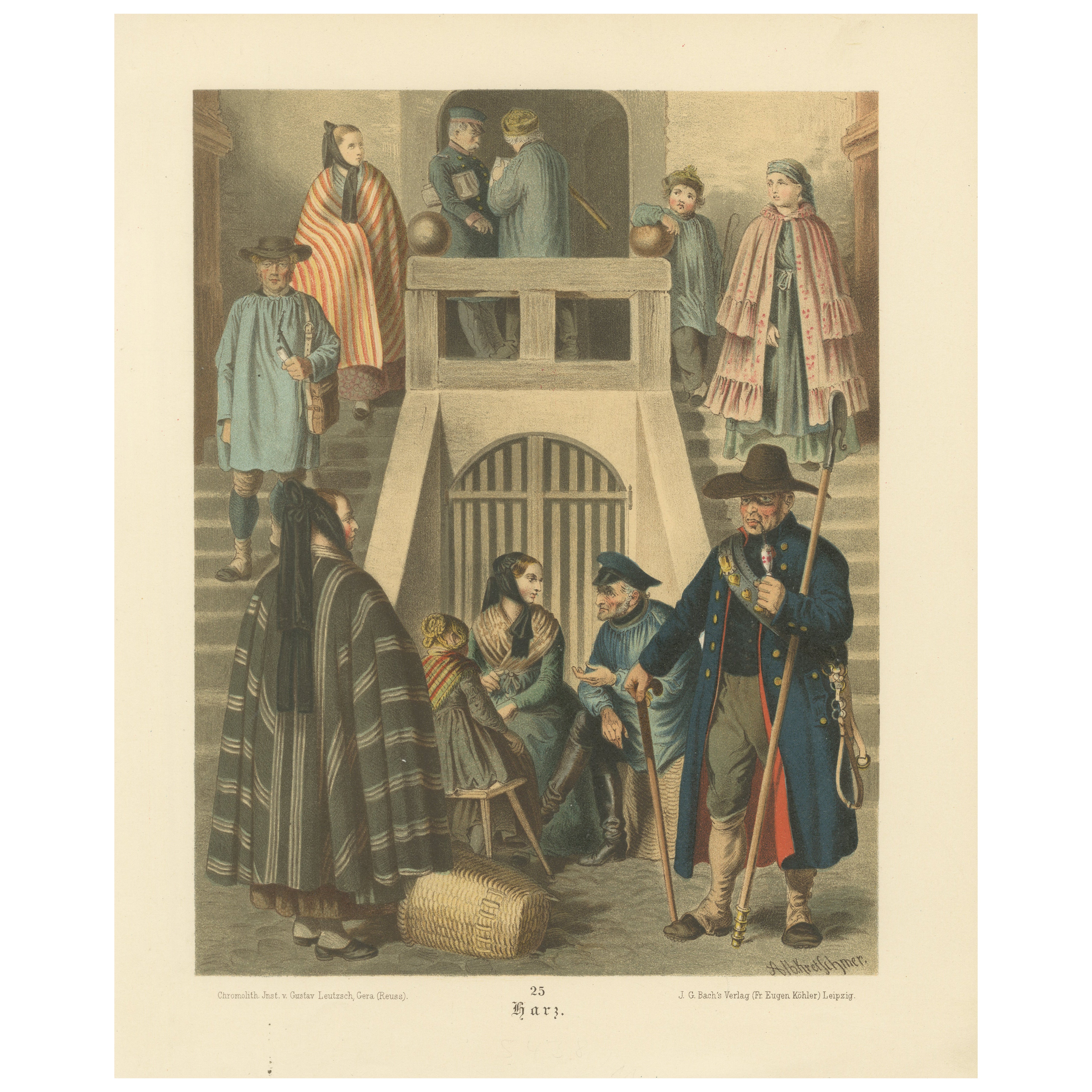 Harzer Trachten Chromolithographie Druck, Dorfszene, um 1875