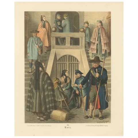 Harz Folk Costumes Chromolithograph Print, Village Scene, c.1875