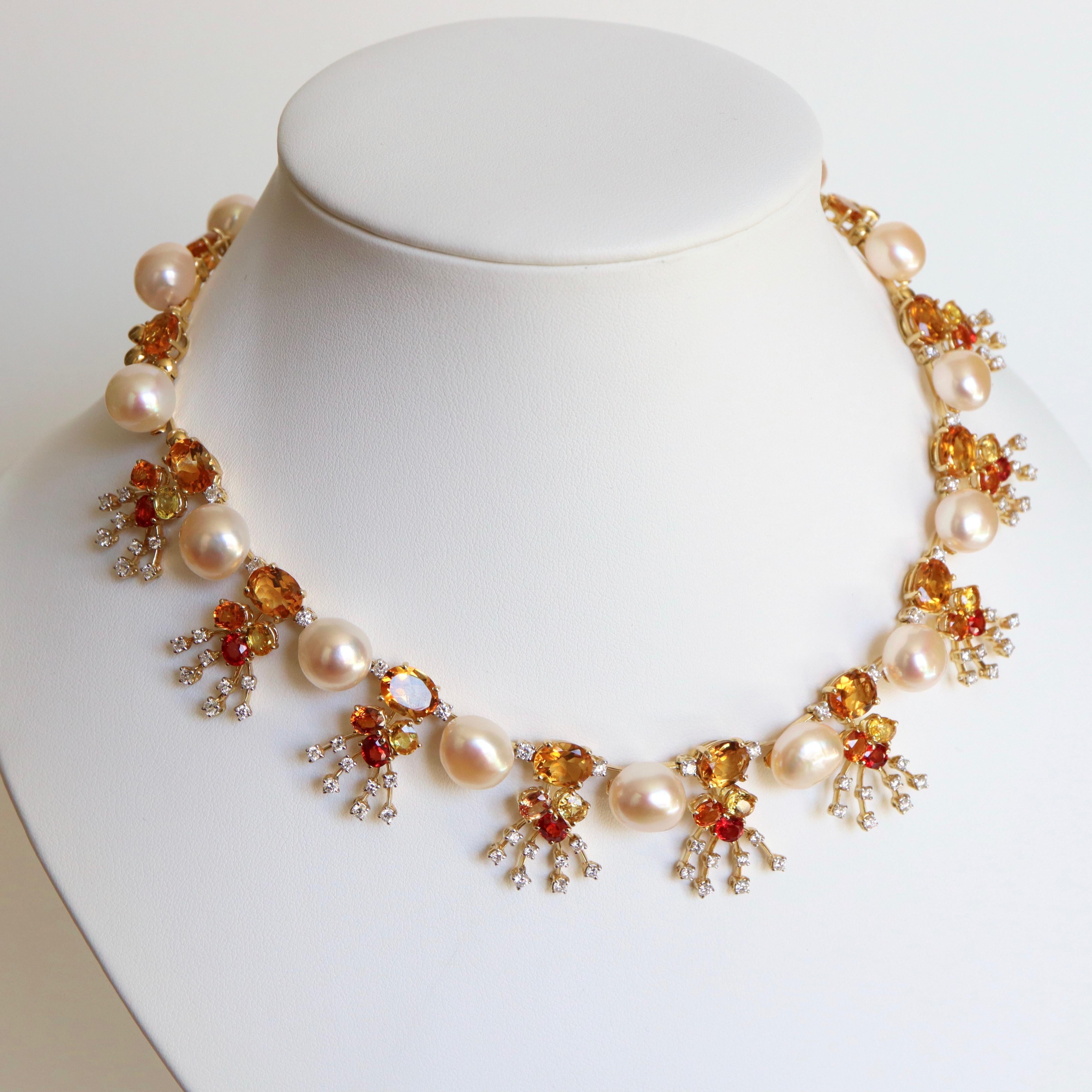 Hasbani Set in 18 Carat Yellow Gold, Baroque Pearls, Diamonds Sapphires Citrines For Sale 3