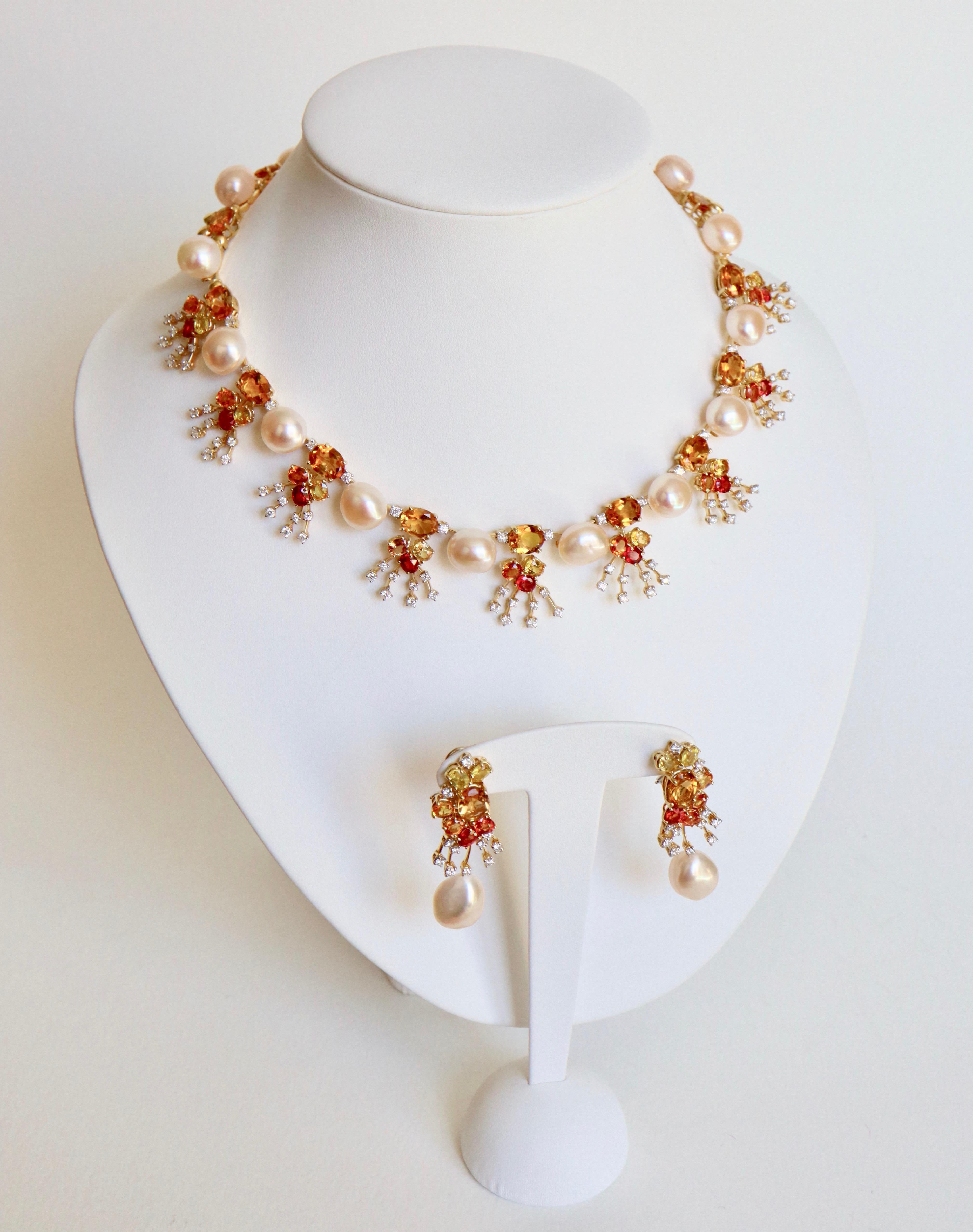 Hasbani Set in 18 Carat Yellow Gold, Baroque Pearls, Diamonds Sapphires Citrines For Sale 5