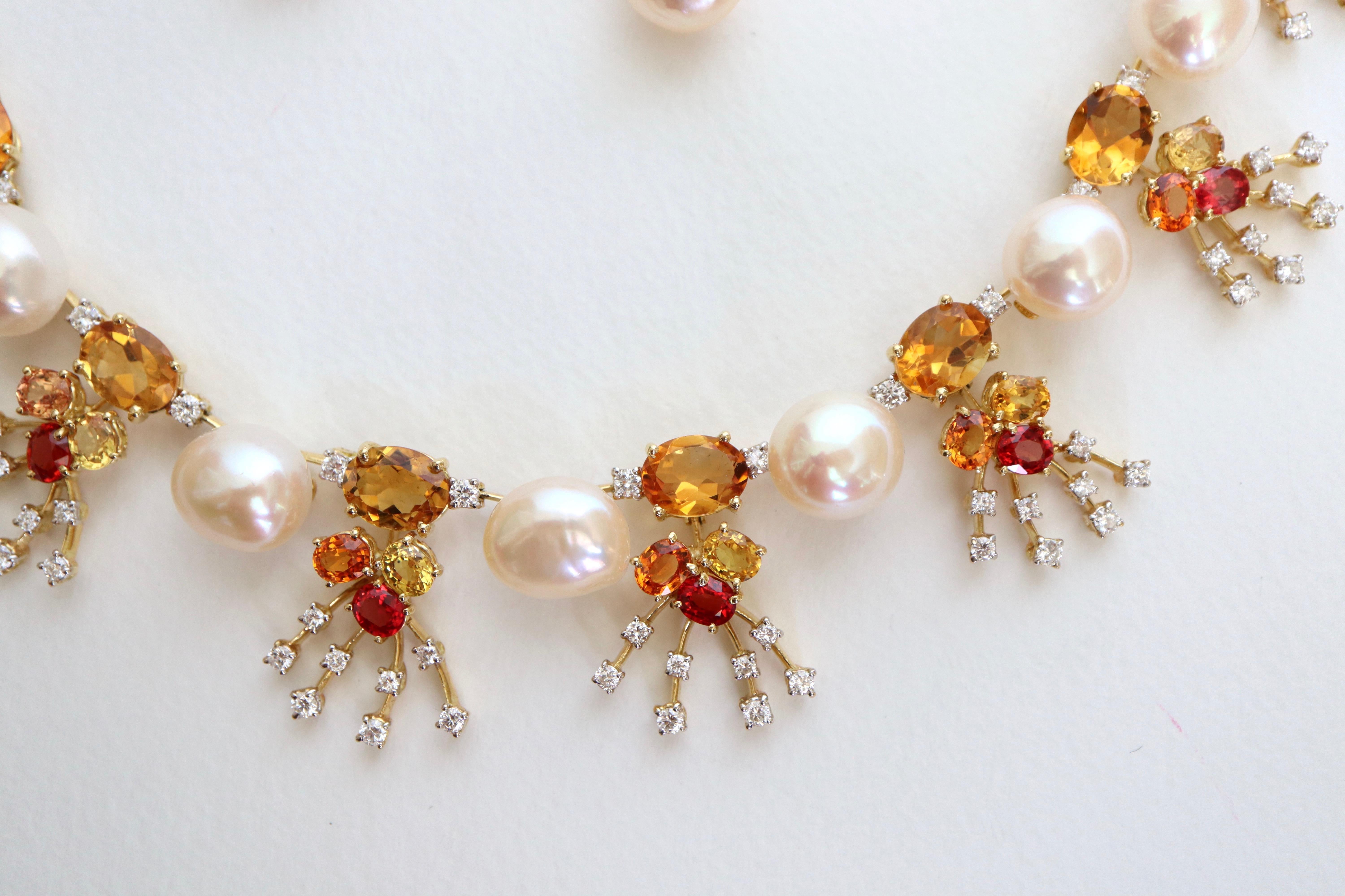 HASBANI Set in 18 Carat yellow Gold, Baroque Pearls, Diamonds, precious Stones (Yellow Sapphires, Orange and Cognac) and semi-precious Stones (Citrines):

THE NECKLACE is composed of 9 Motifs, representing a Sheaf, adorned with a Citrine of 9x7 mm,