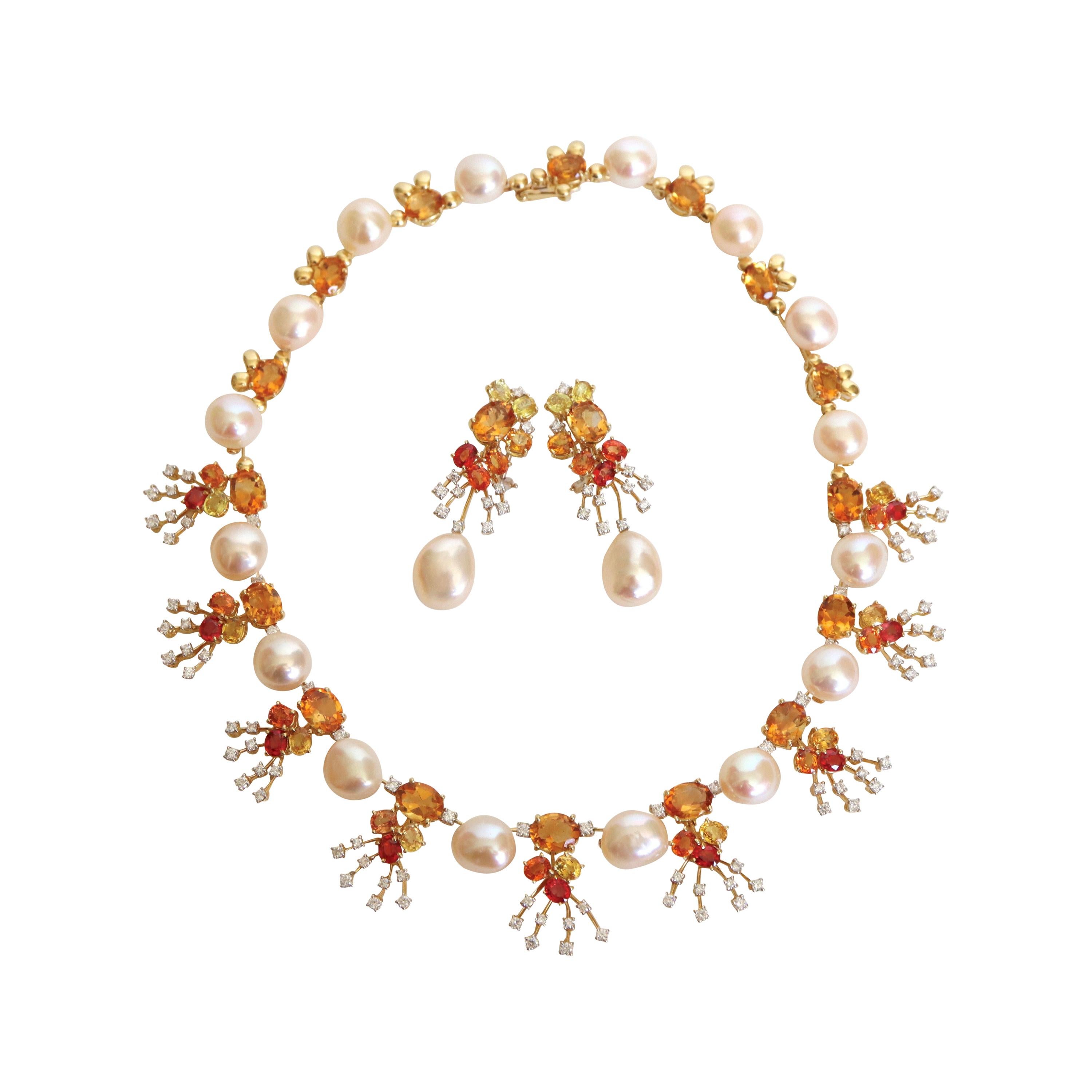 Hasbani Set in 18 Carat Yellow Gold, Baroque Pearls, Diamonds Sapphires Citrines For Sale