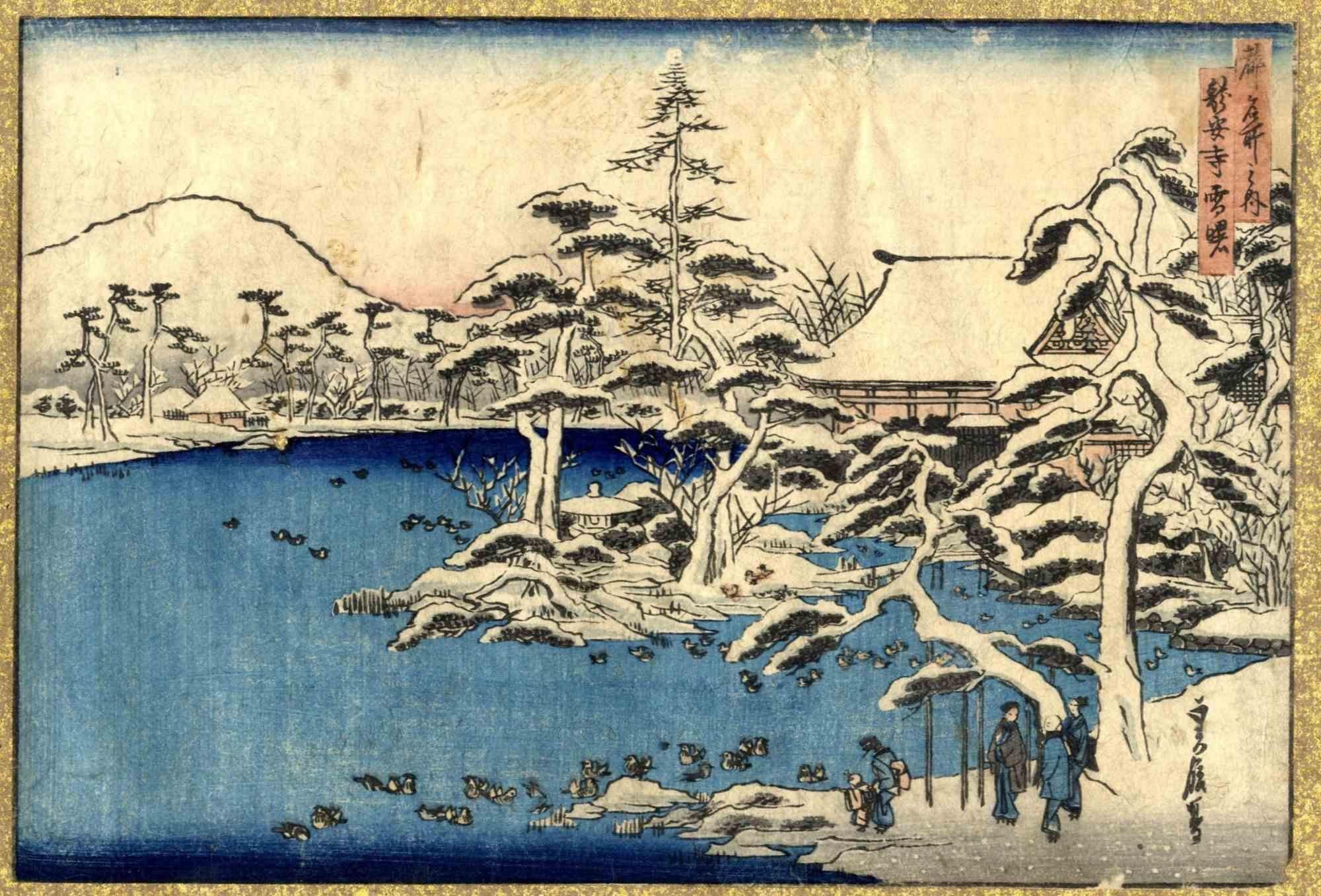 Hasegawa Sadanobu I Figurative Print - Ryoanji Temple in the Snow at Sunset- Woodcut by Hasegawa Sadanobu-1850