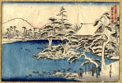 Ryoanji Temple in the Snow at Sunset- Woodcut by Hasegawa Sadanobu-1850