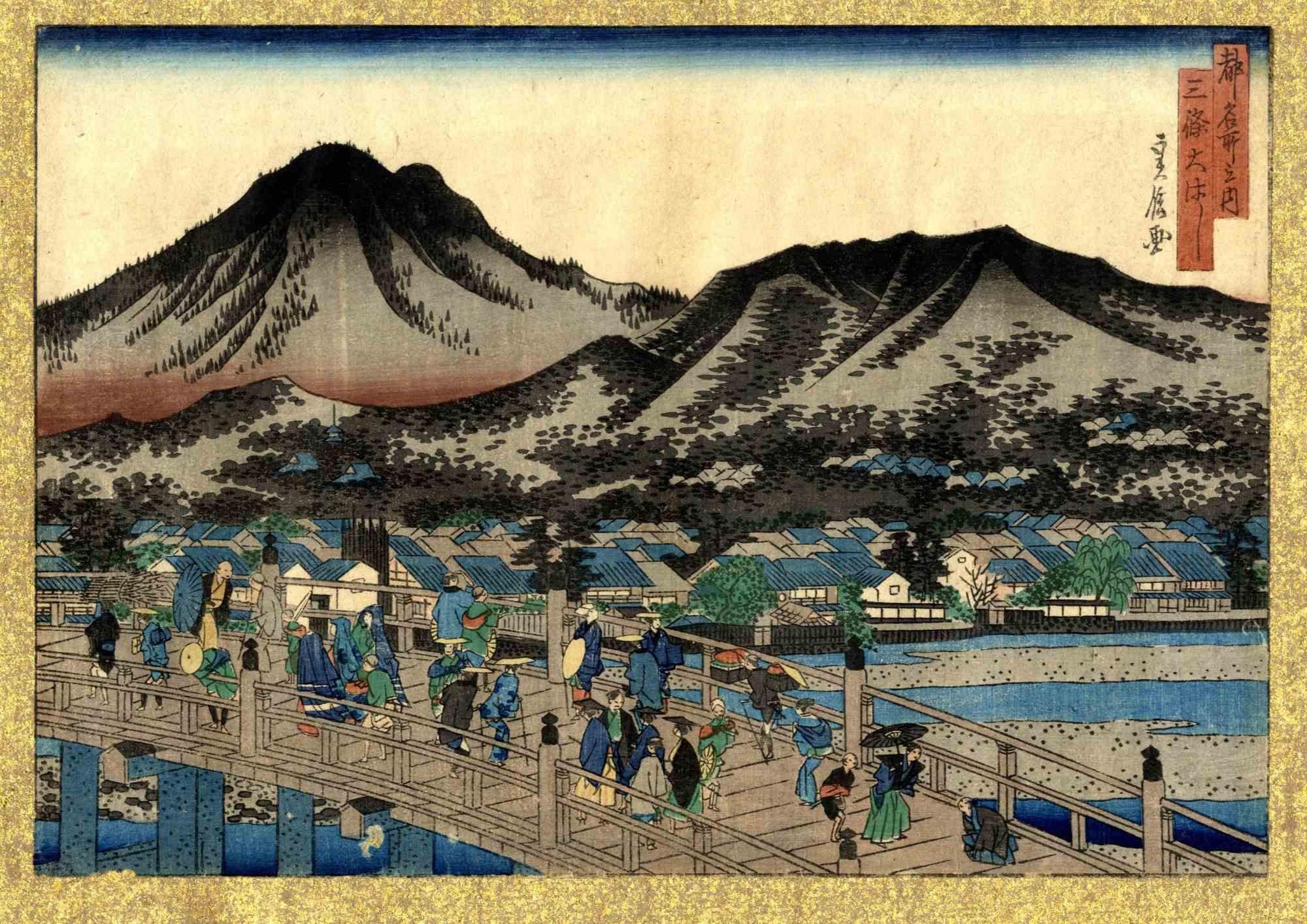 Hasegawa Sadanobu I Figurative Print - The Sanjo Bridge -  Woodcut by Hasegawa Sadanobu - 1858