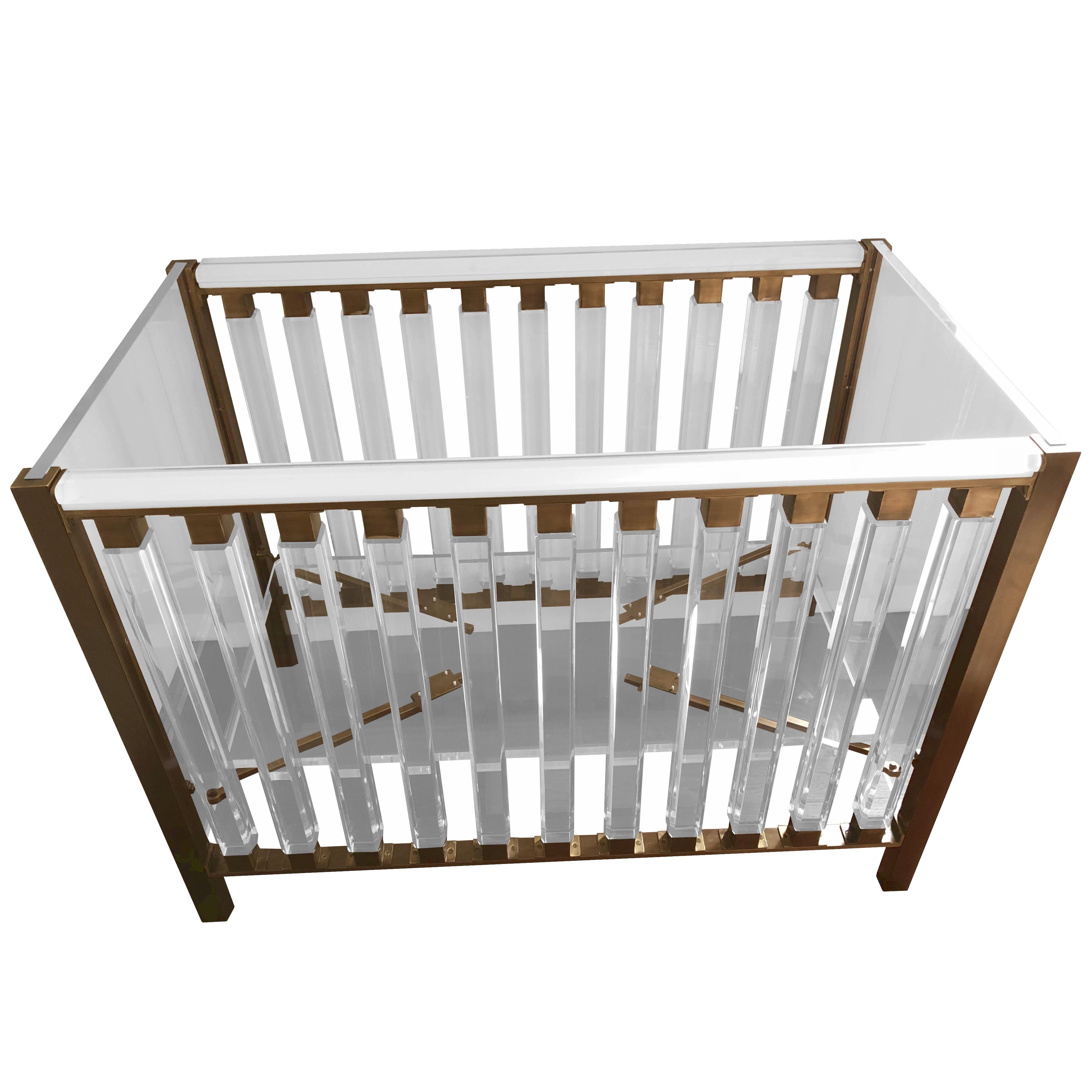 "Hasen" Baby Crib in Lucite & Brass by Cain for Cain Modern, Limited Edition