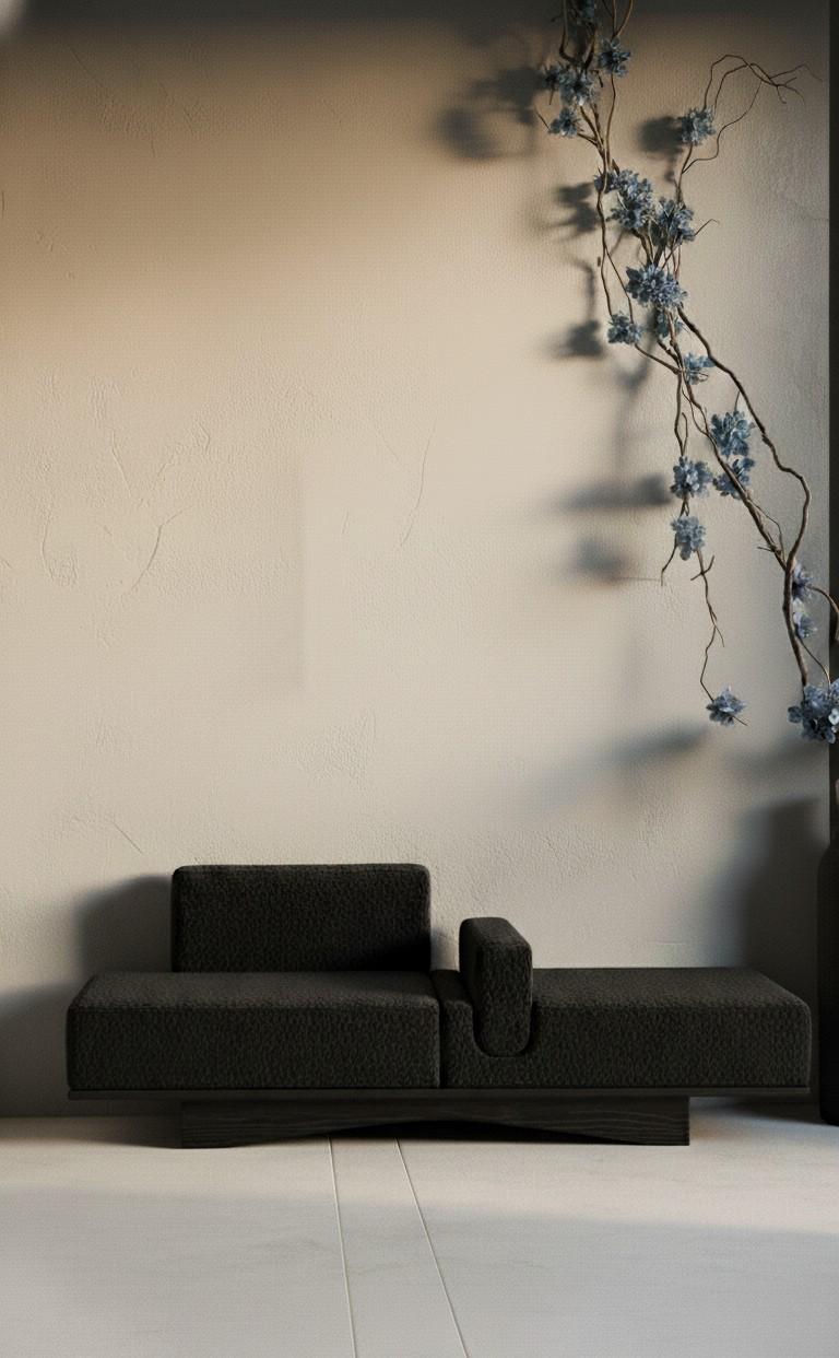 Hashi Bench - Architektonische Liege aus gebrannter Eiche und schwarzem Boucle - Sidani Design im Zustand „Neu“ im Angebot in NEW YORK, NY