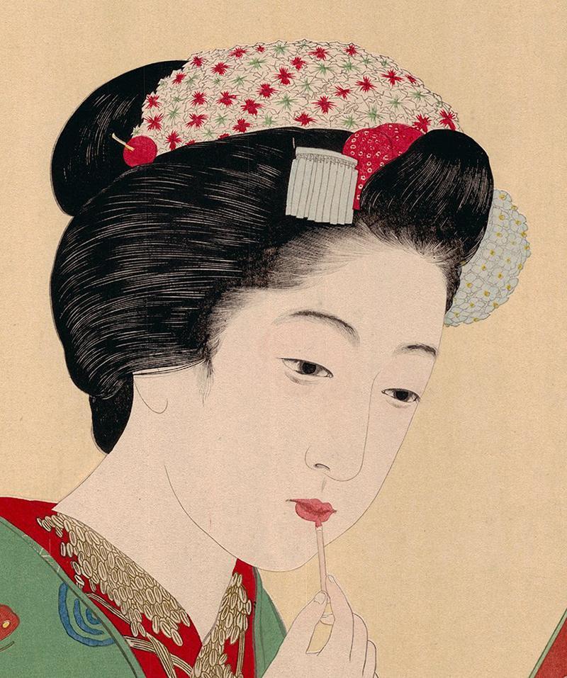 Goyo Hashiguchi, Maiko, Mirror, Kimono, Kyoto, Ukiyo-e, Japanese Woodblock Print - Beige Portrait Print by Hashiguchi Goyo