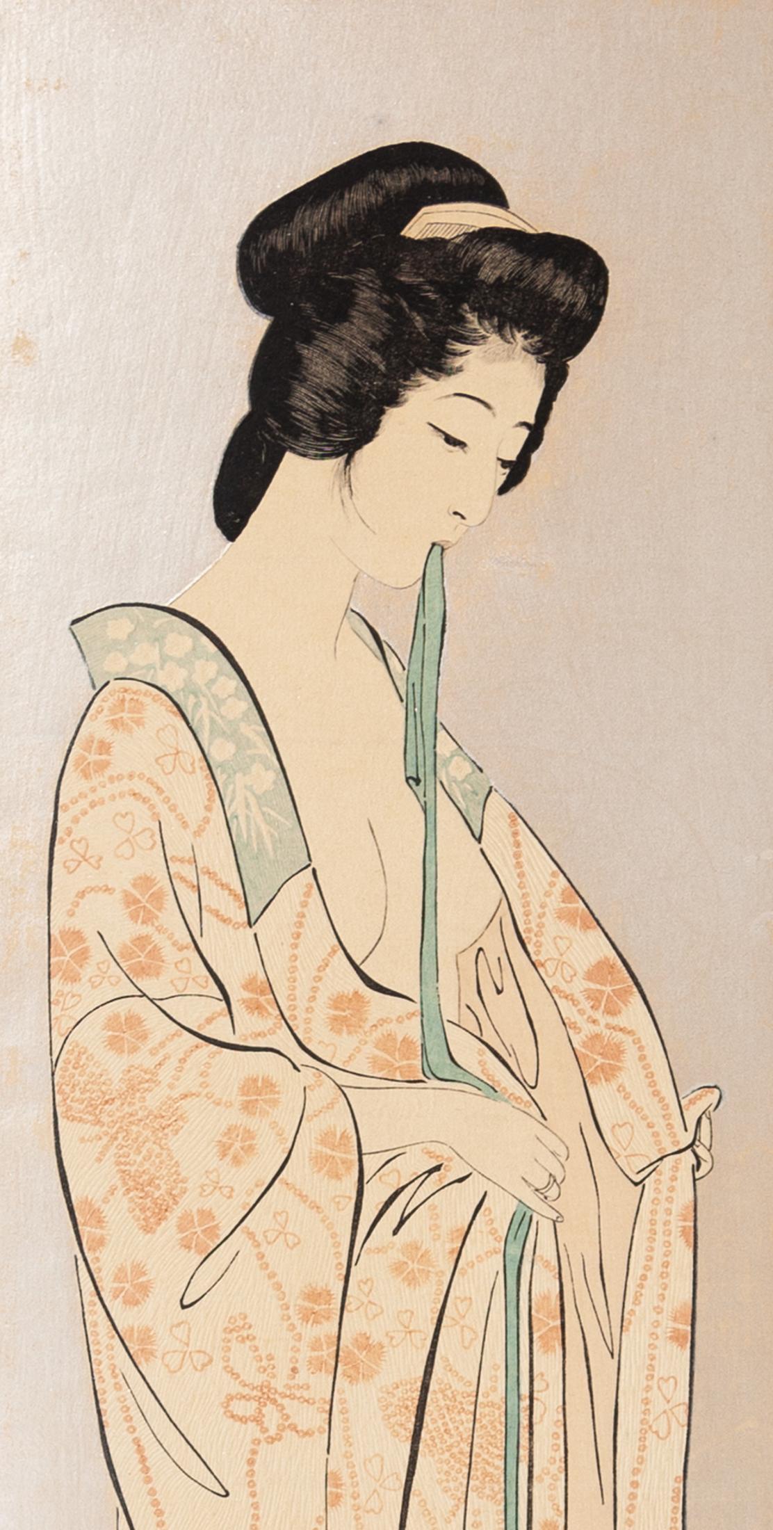 Artist: Goyo Hashiguchi (1880-1921)
Title: Woman in a Long Undergarment 
Publisher: Self-published 
Date: 1920
Dimensions: 14.7 x 49.2 cm 
Condition: Some creases and mica abraded. Backed. Slight fading and discolouring due to previous mounting.