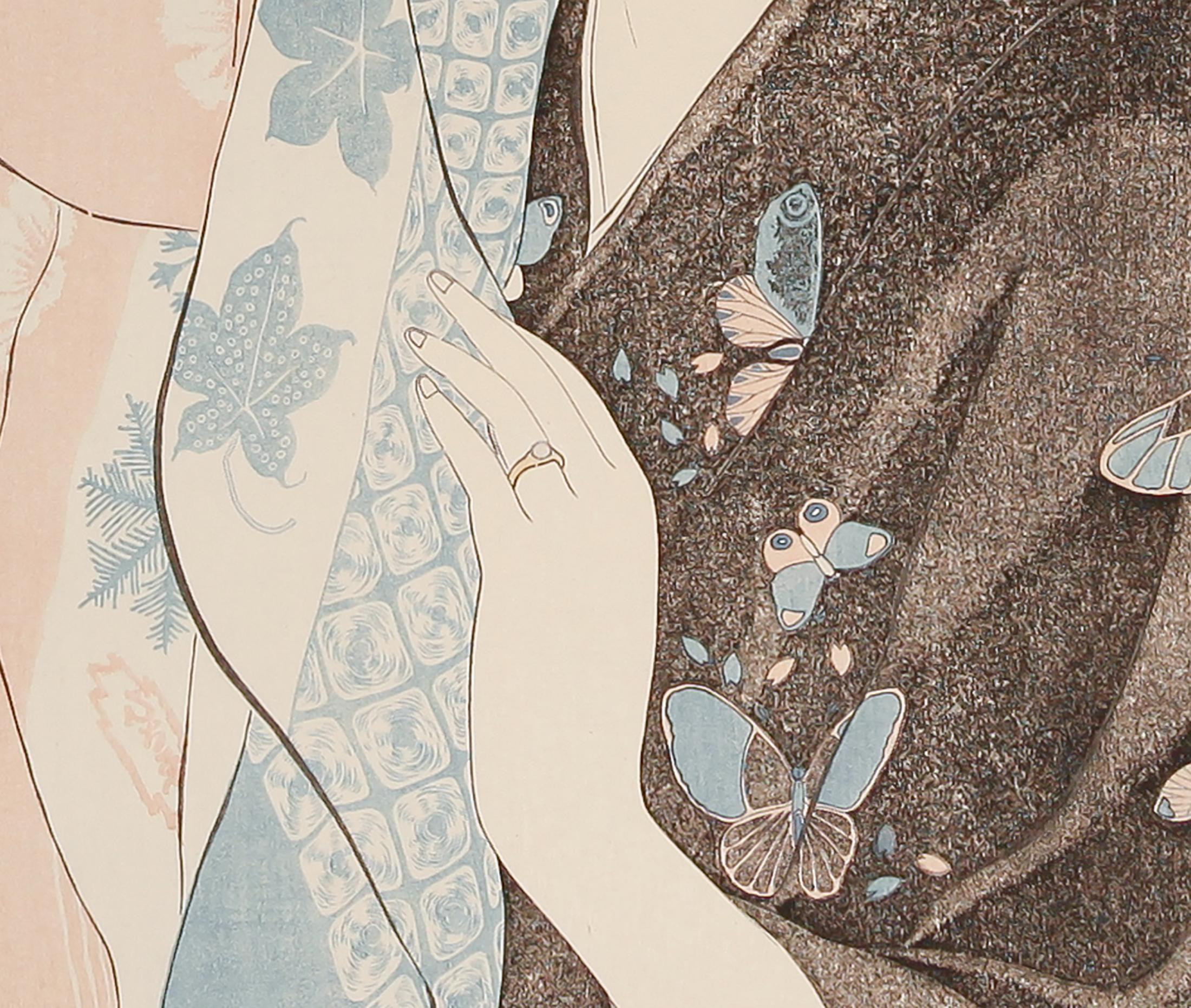 Goyo Hashiguchi, Shin Hanga, Original Japanese Woodblock Print, Bath, Pastel - Beige Figurative Print by Hashiguchi Goyo