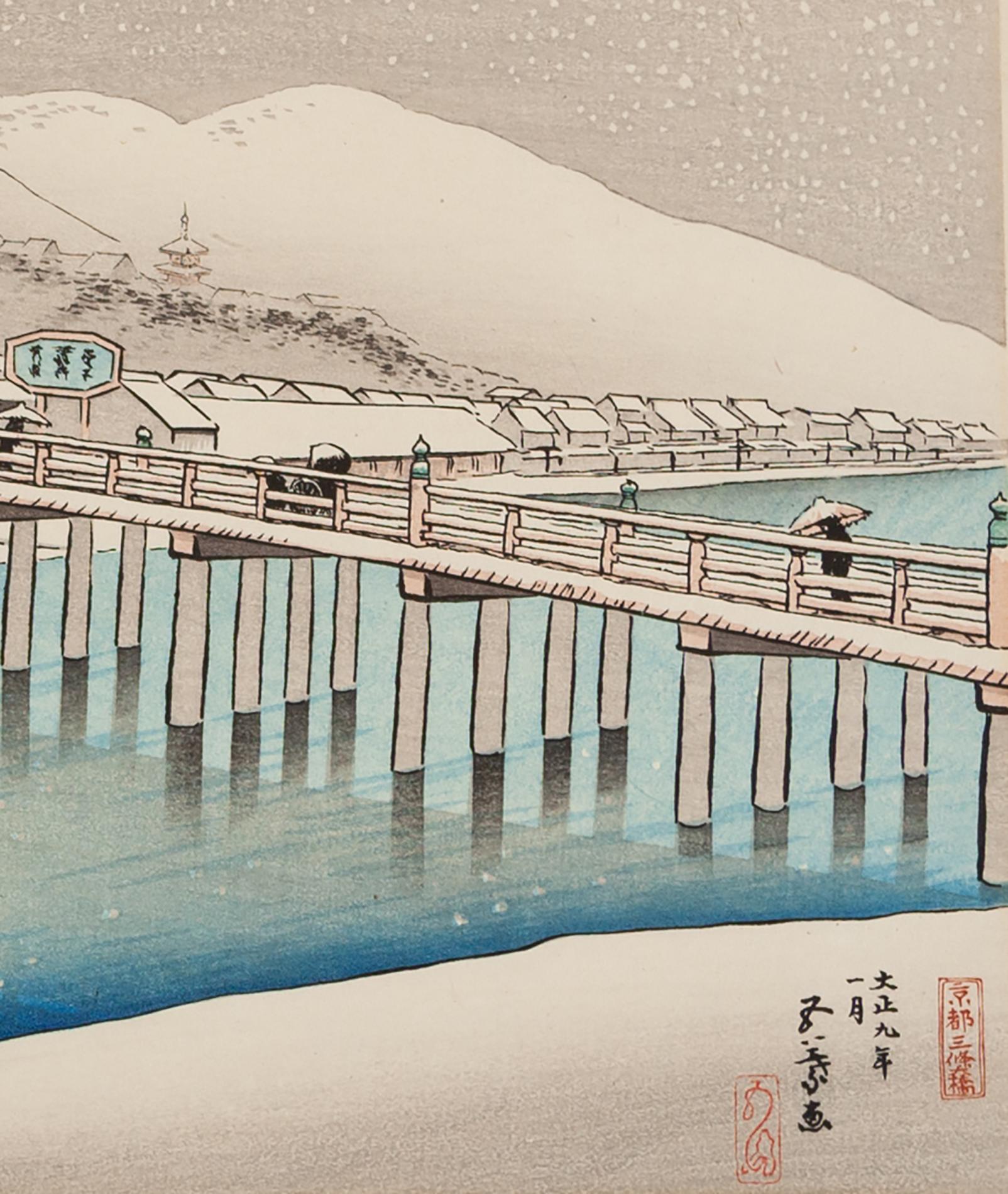 Goyo Hashiguchi, Shin Hanga Snow Scene, Kyoto, Original Japanese Woodblock Print - Beige Landscape Print by Hashiguchi Goyo